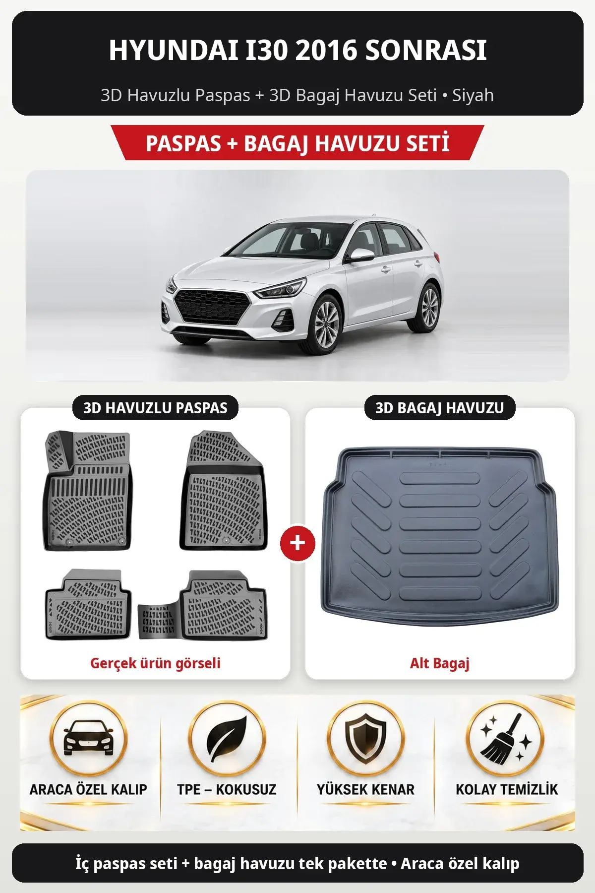 Hyundai i30 2016 Sonrası 3D Havuzlu Paspas + 3D Bagaj Havuzu Seti (Alt Bagaj) Siyah (1)