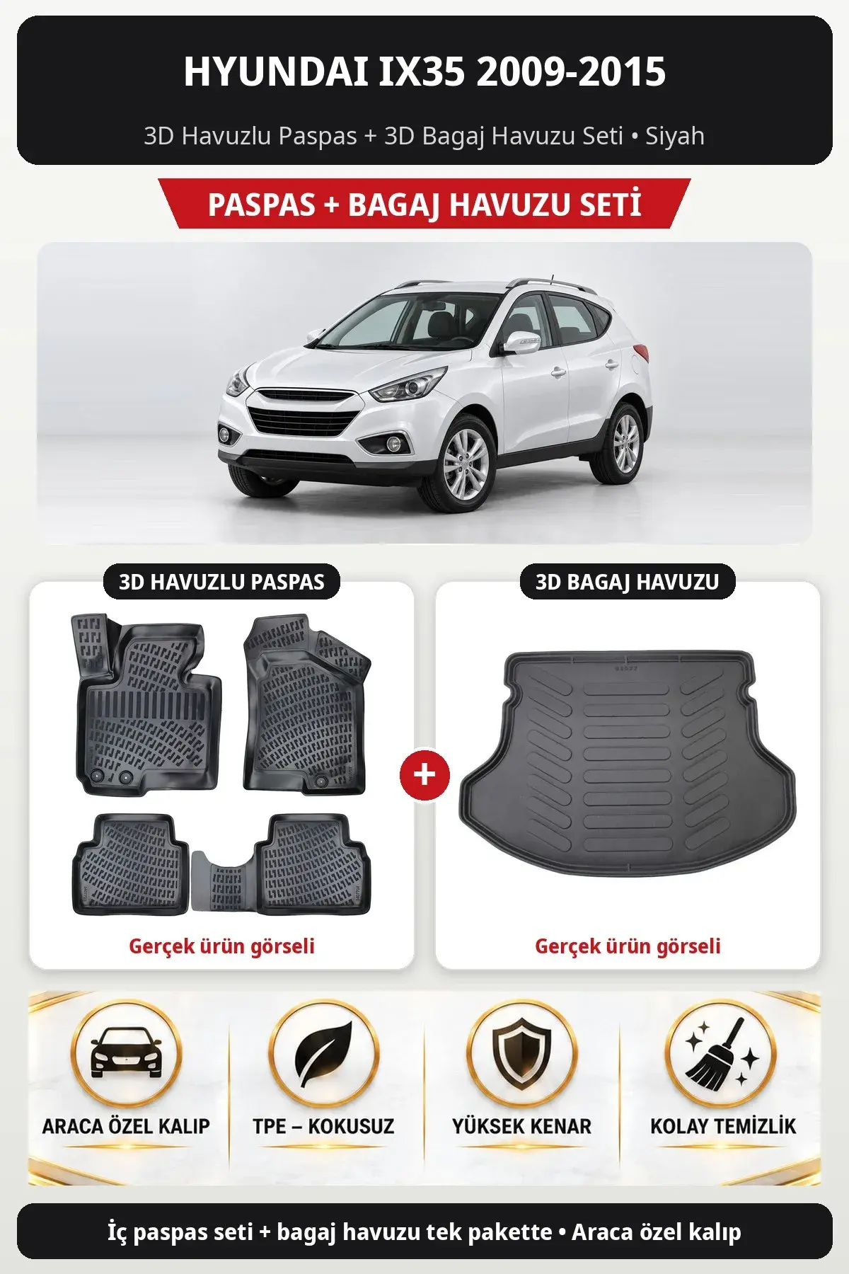 Hyundai ix35 2009-2015 3D Havuzlu Paspas + 3D Bagaj Havuzu Seti Siyah (1)