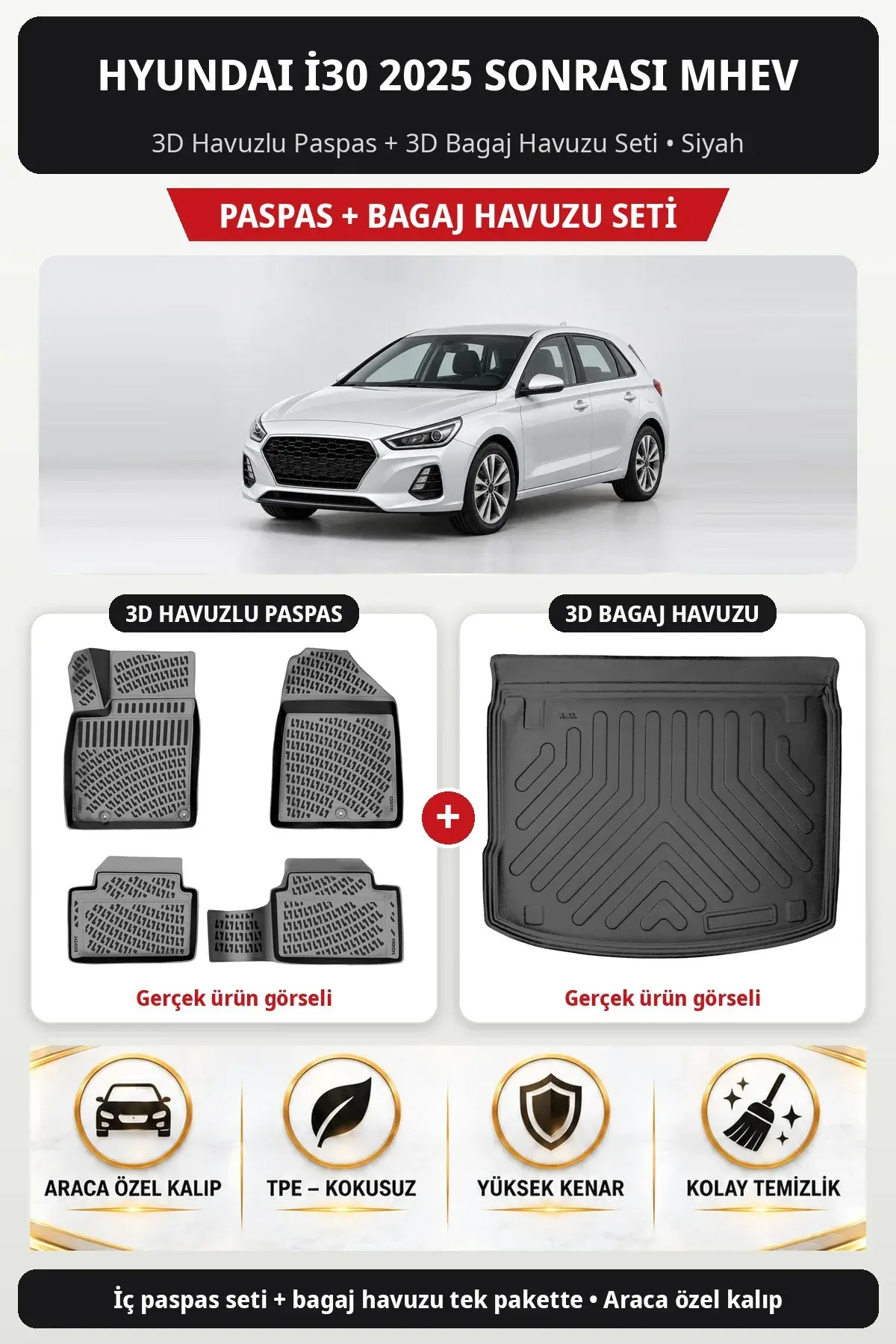 Hyundai İ30 2025 Sonrası MHEV 3D Havuzlu Paspas + 3D Bagaj Havuzu Seti Siyah (1)