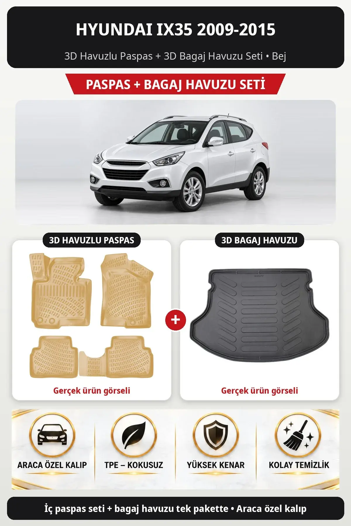 Hyundai ix35 2009-2015 3D Havuzlu Paspas + 3D Bagaj Havuzu Seti Bej (1)