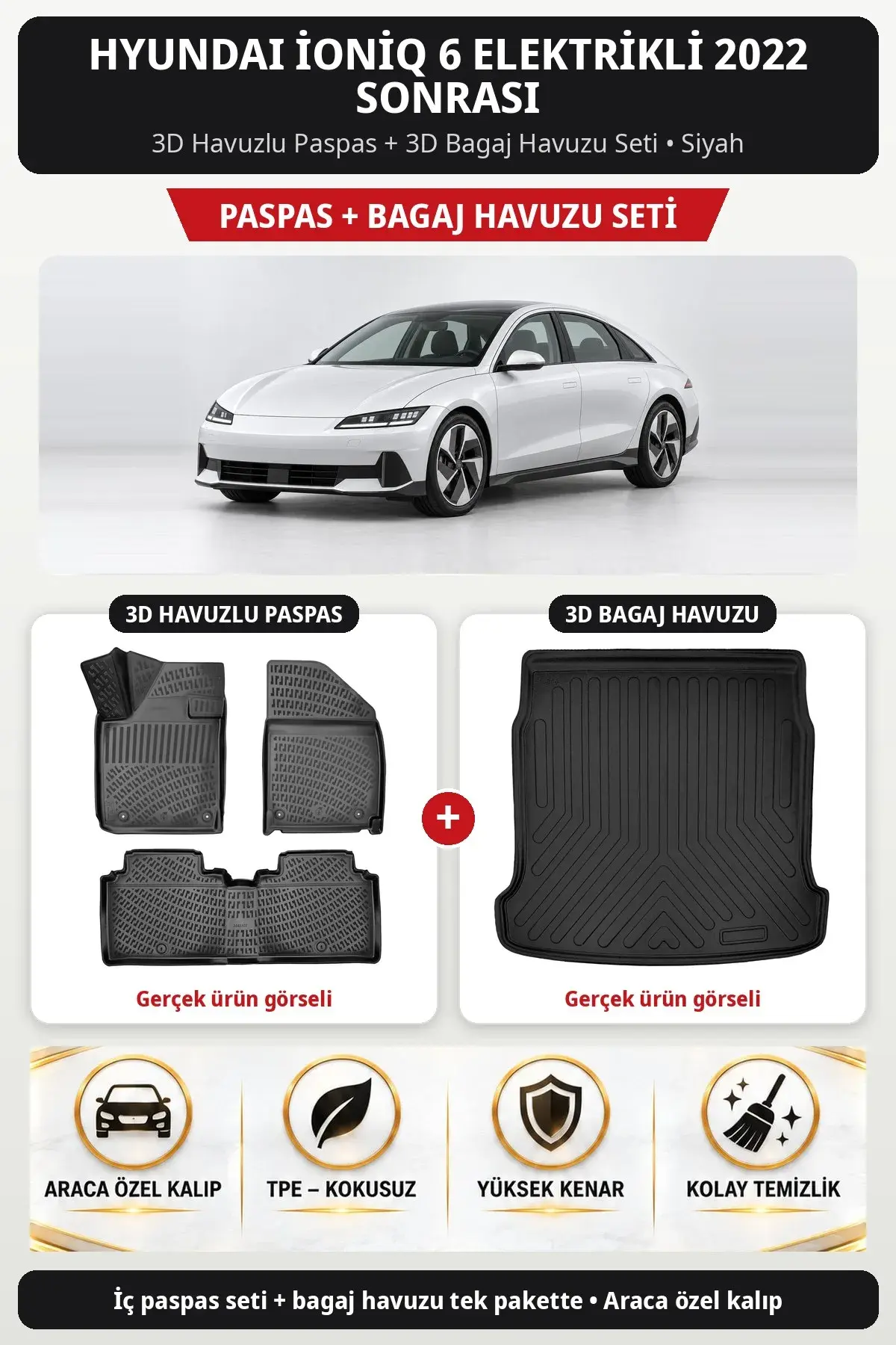 Hyundai İoniq 6 Elektrikli 2022 Sonrası 3D Havuzlu Paspas + 3D Bagaj Havuzu Seti Siyah (1)
