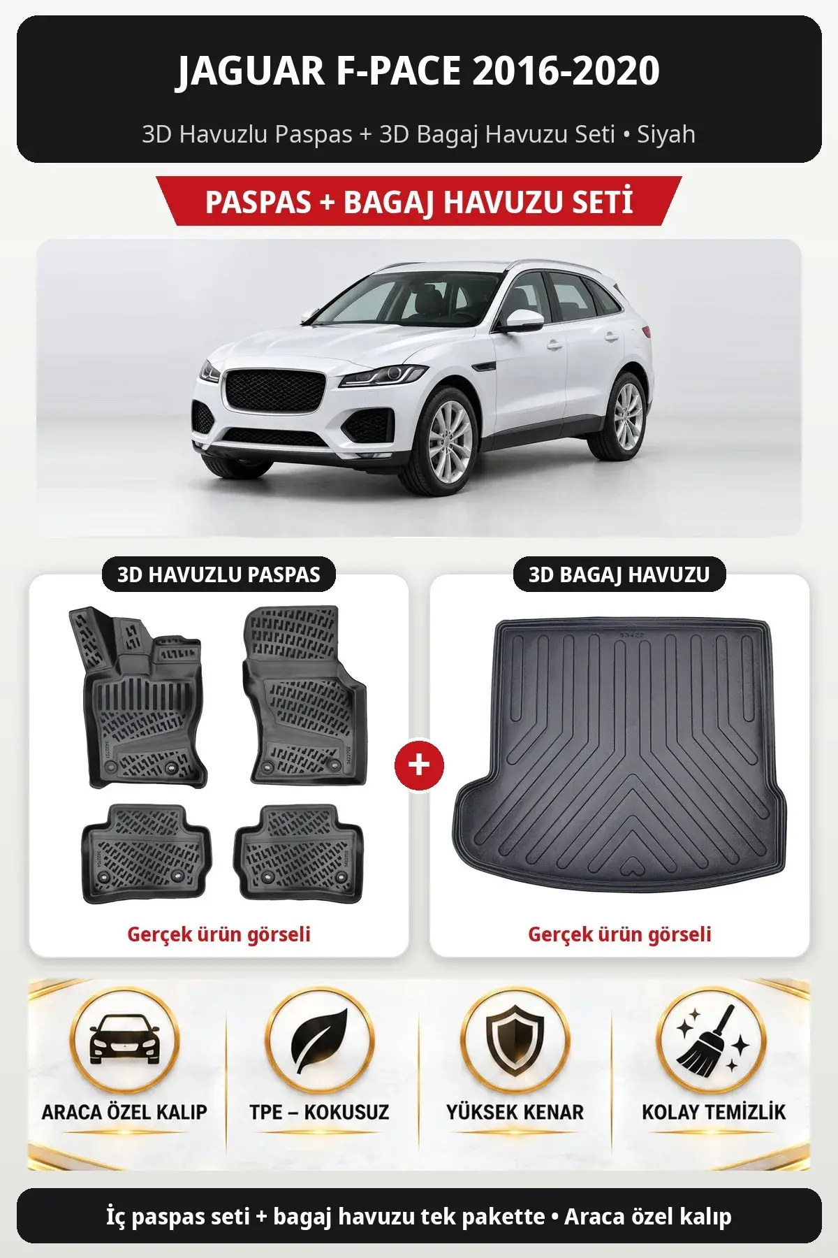 Jaguar F-Pace 2016-2020 3D Havuzlu Paspas + 3D Bagaj Havuzu Seti Siyah (1)