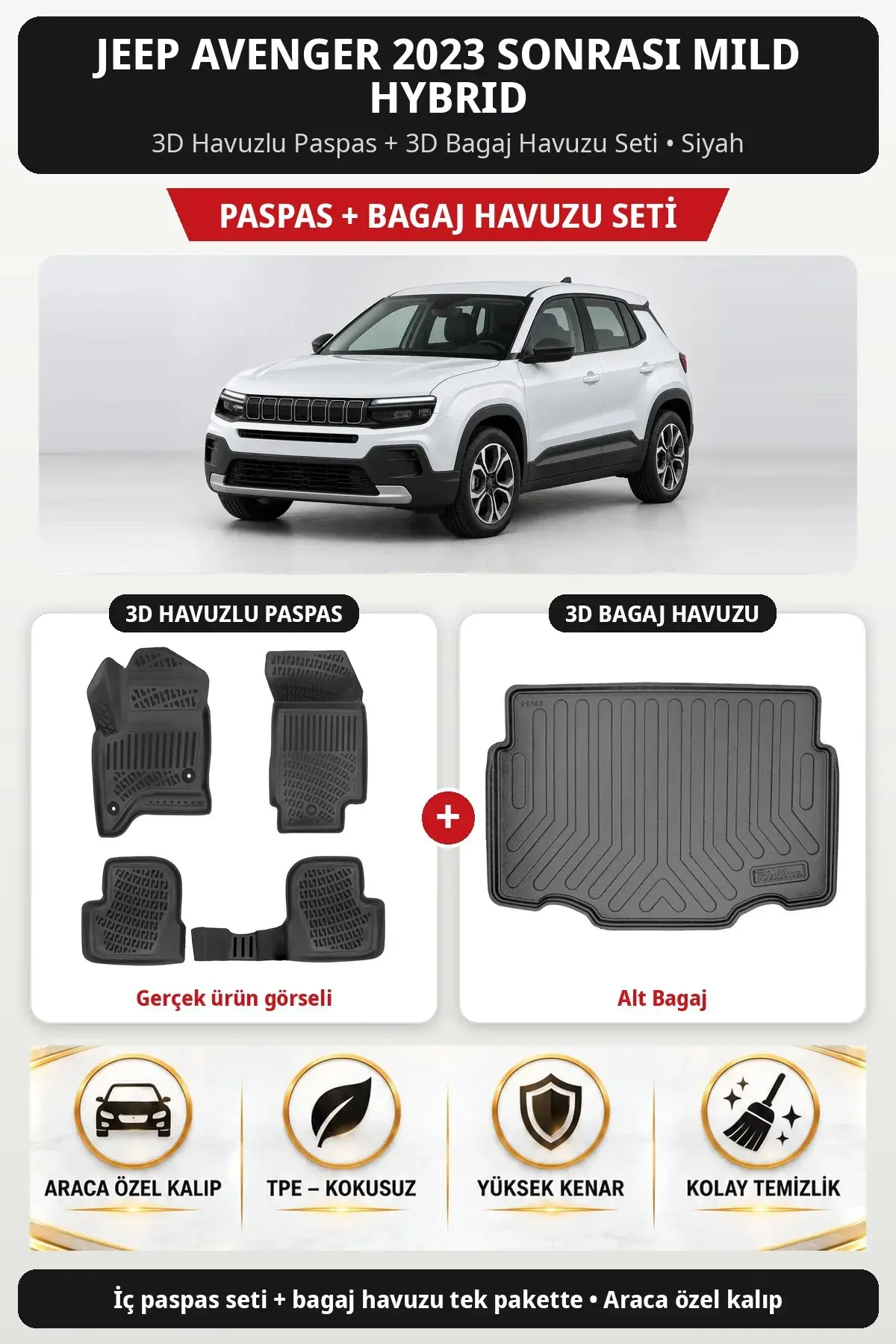 Jeep Avenger 2023 Sonrası Mild Hybrid 3D Havuzlu Paspas + 3D Bagaj Havuzu Seti (Alt Bagaj) Siyah (1)