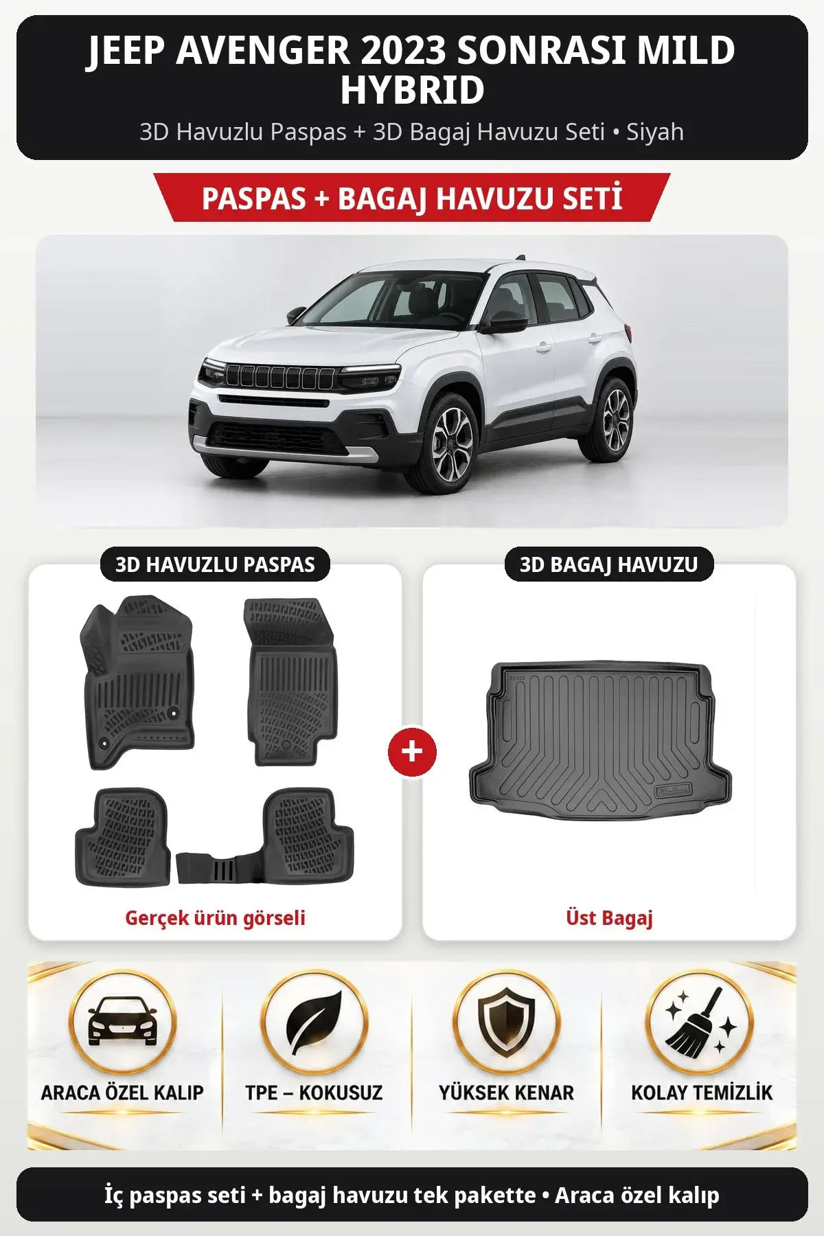 Jeep Avenger 2023 Sonrası Mild Hybrid 3D Havuzlu Paspas + 3D Bagaj Havuzu Seti (Üst Bagaj) Siyah (1)