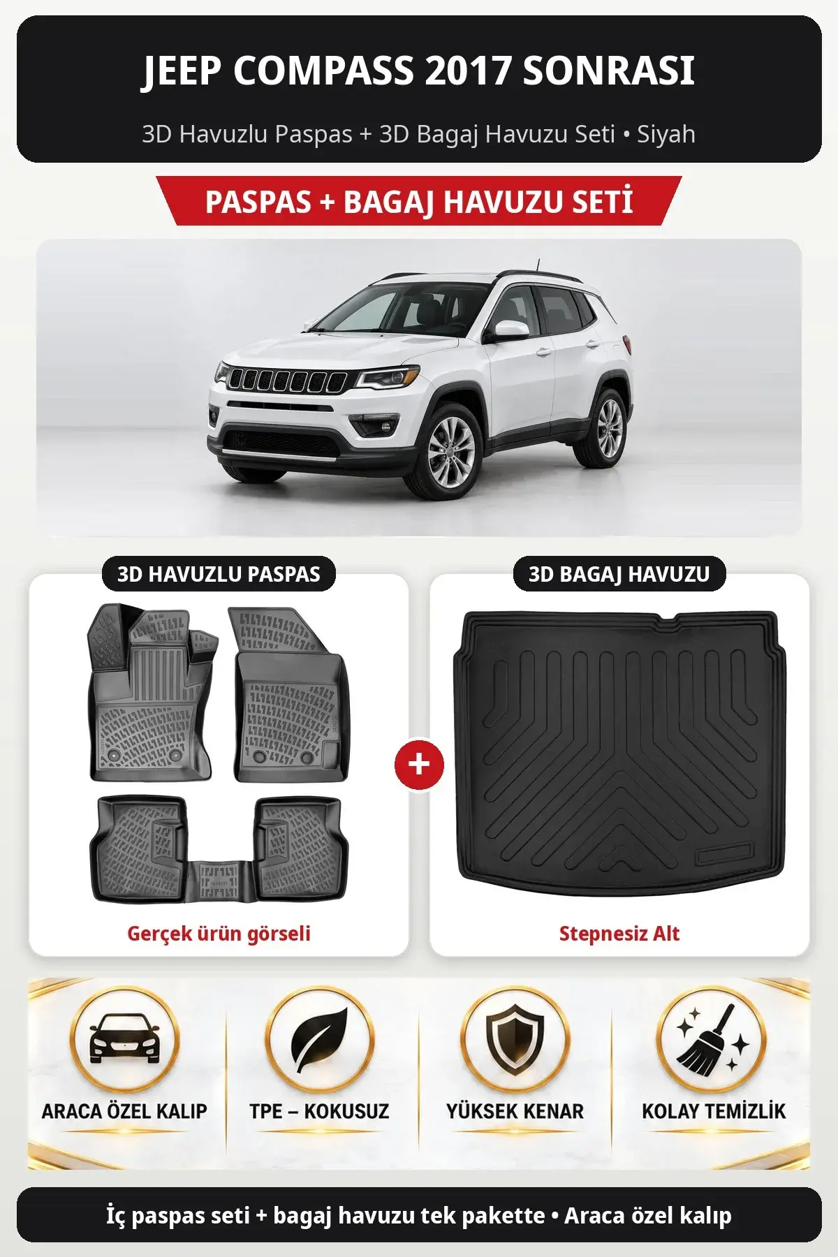 Jeep Compass 2017 Sonrası 3D Havuzlu Paspas + 3D Bagaj Havuzu Seti (Stepnesiz Alt) Siyah (1)