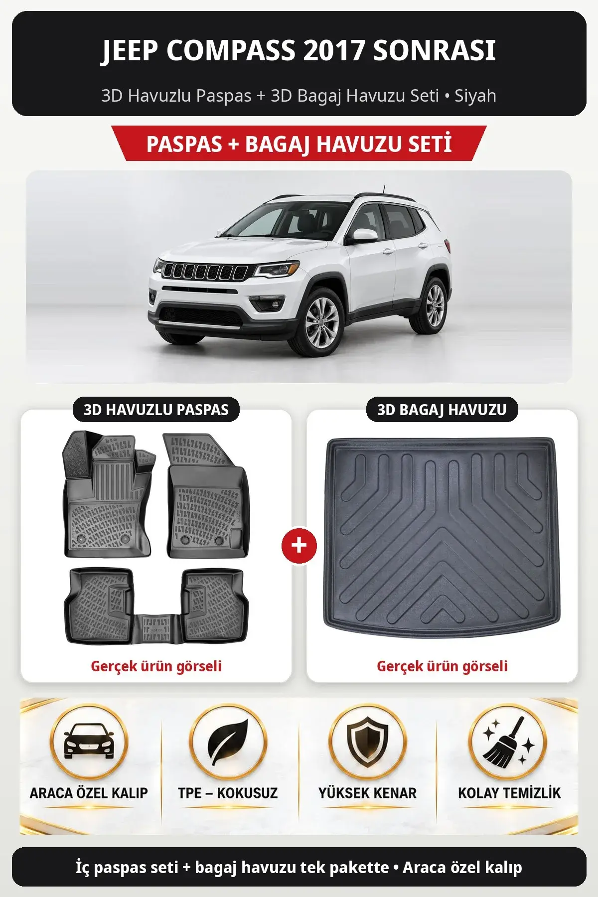 Jeep Compass 2017 Sonrası 3D Havuzlu Paspas + 3D Bagaj Havuzu Seti Siyah (1)
