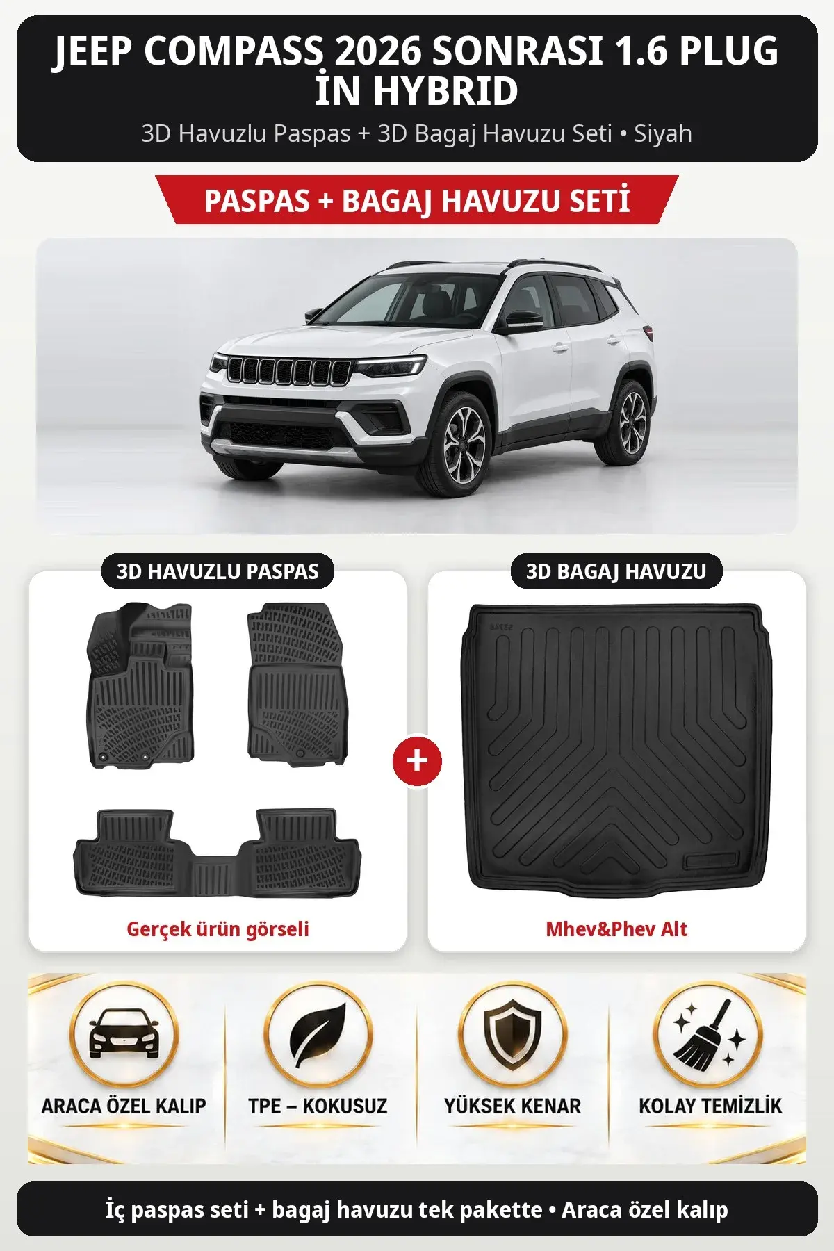 Jeep Compass 2026 Sonrası 1.6 Plug İn Hybrid 3D Paspas + Bagaj Havuzu Seti (Mhev&Phev Üst) Siyah (1)