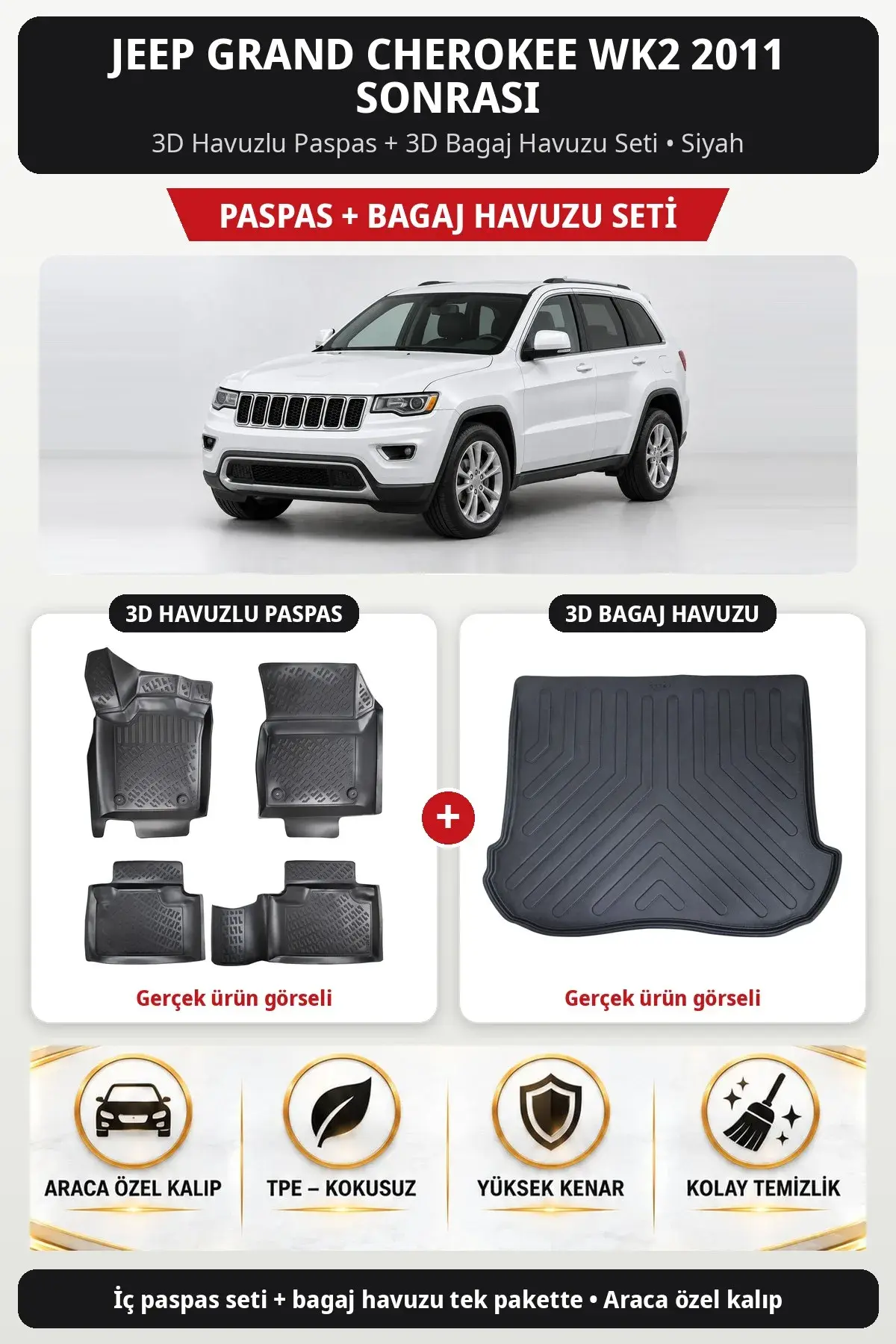 Jeep Grand Cherokee WK2 2011 Sonrası 3D Havuzlu Paspas + 3D Bagaj Havuzu Seti Siyah (1)