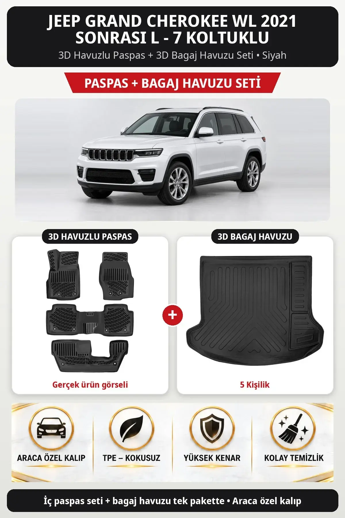 Jeep Grand Cherokee WL 2021 Sonrası L - 7 Koltuklu 3D Paspas + Bagaj Havuzu Seti (5 Kişilik) Siyah (1)