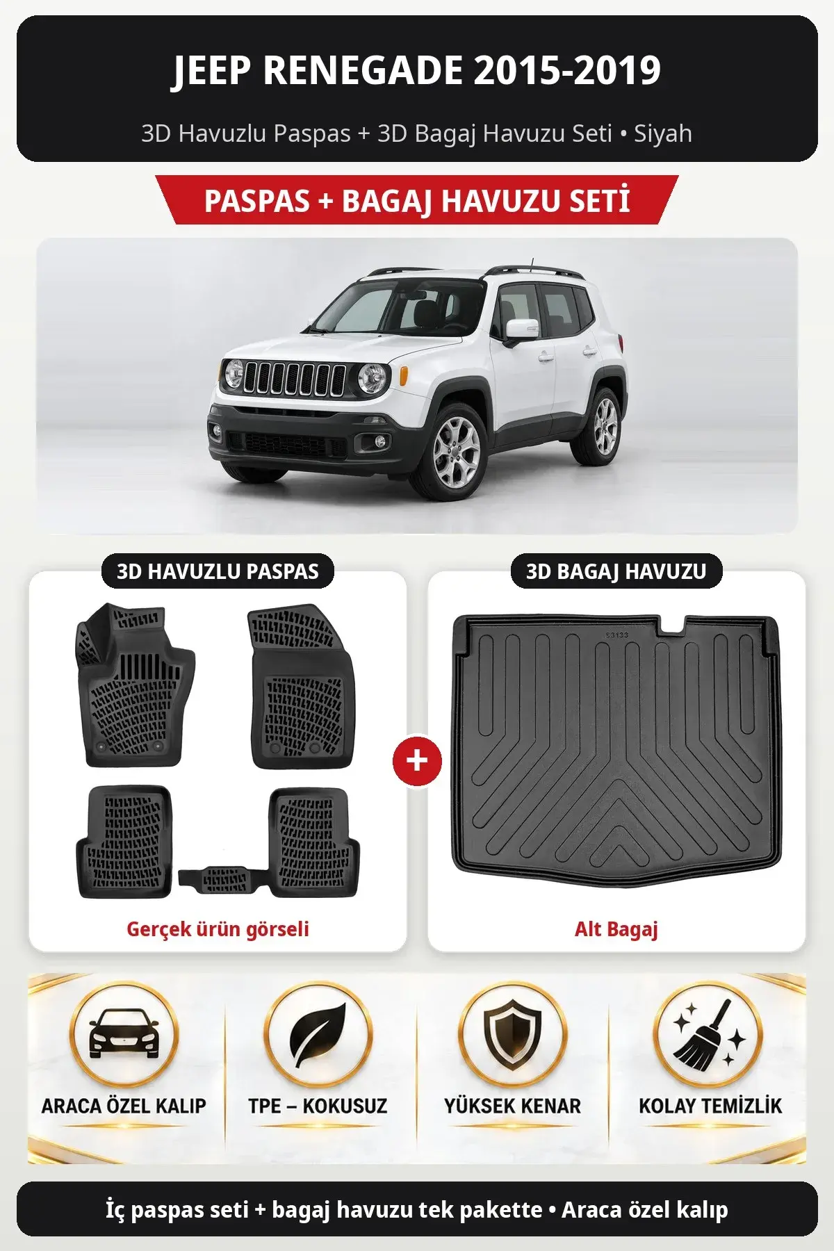 Jeep Renegade 2015-2019 3D Havuzlu Paspas + 3D Bagaj Havuzu Seti (Alt Bagaj) Siyah (1)