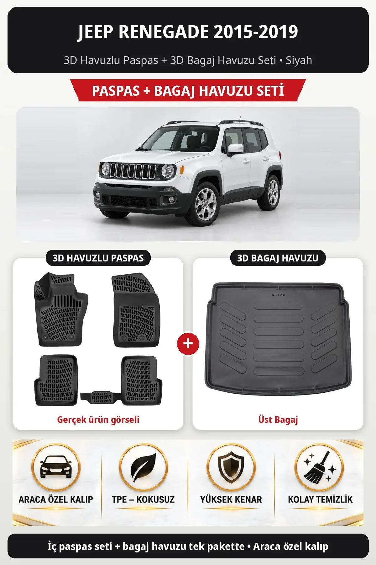 Jeep Renegade 2015-2019 3D Havuzlu Paspas + 3D Bagaj Havuzu Seti (Üst Bagaj) Siyah (1)