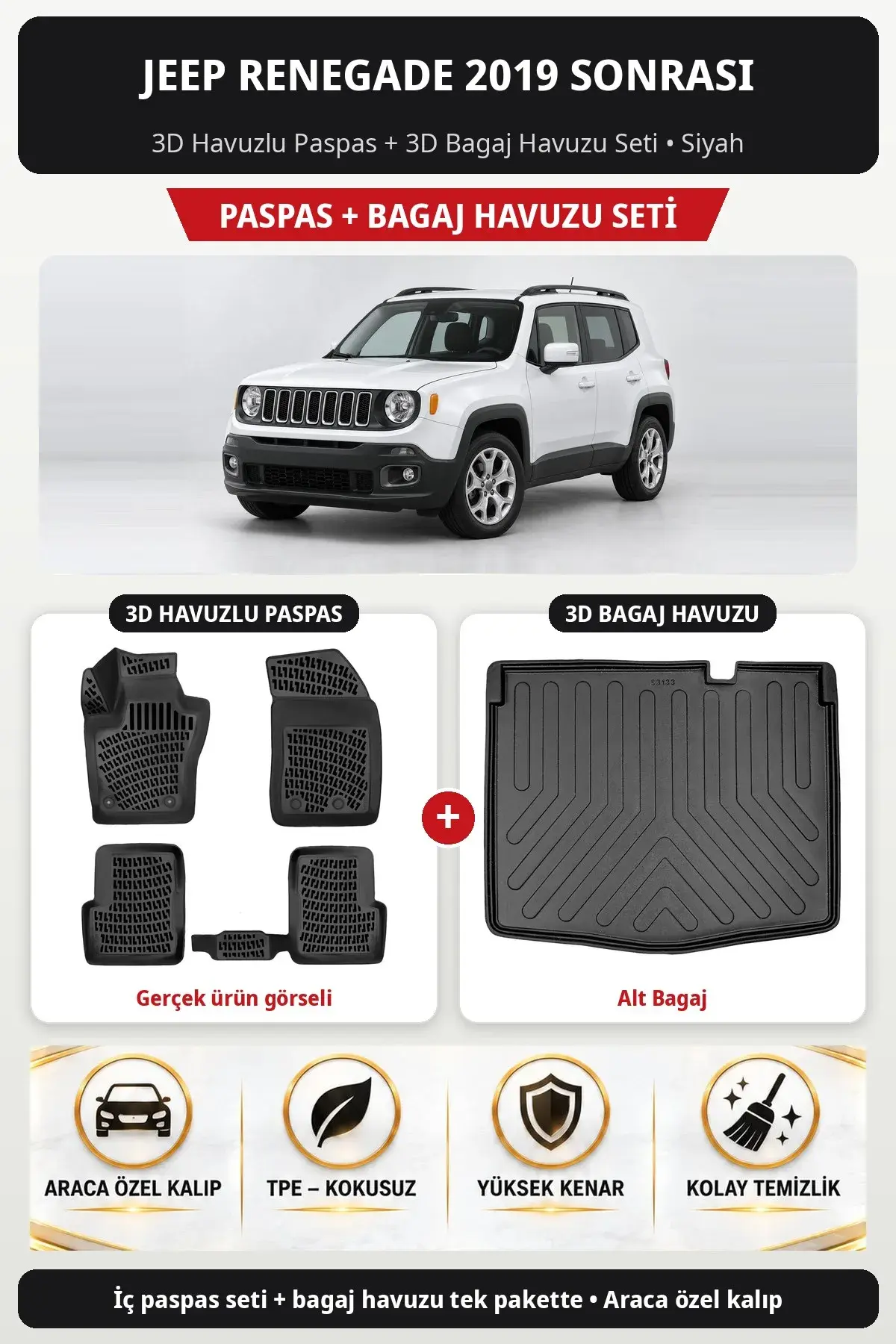Jeep Renegade 2019 Sonrası 3D Havuzlu Paspas + 3D Bagaj Havuzu Seti (Alt Bagaj) Siyah (1)