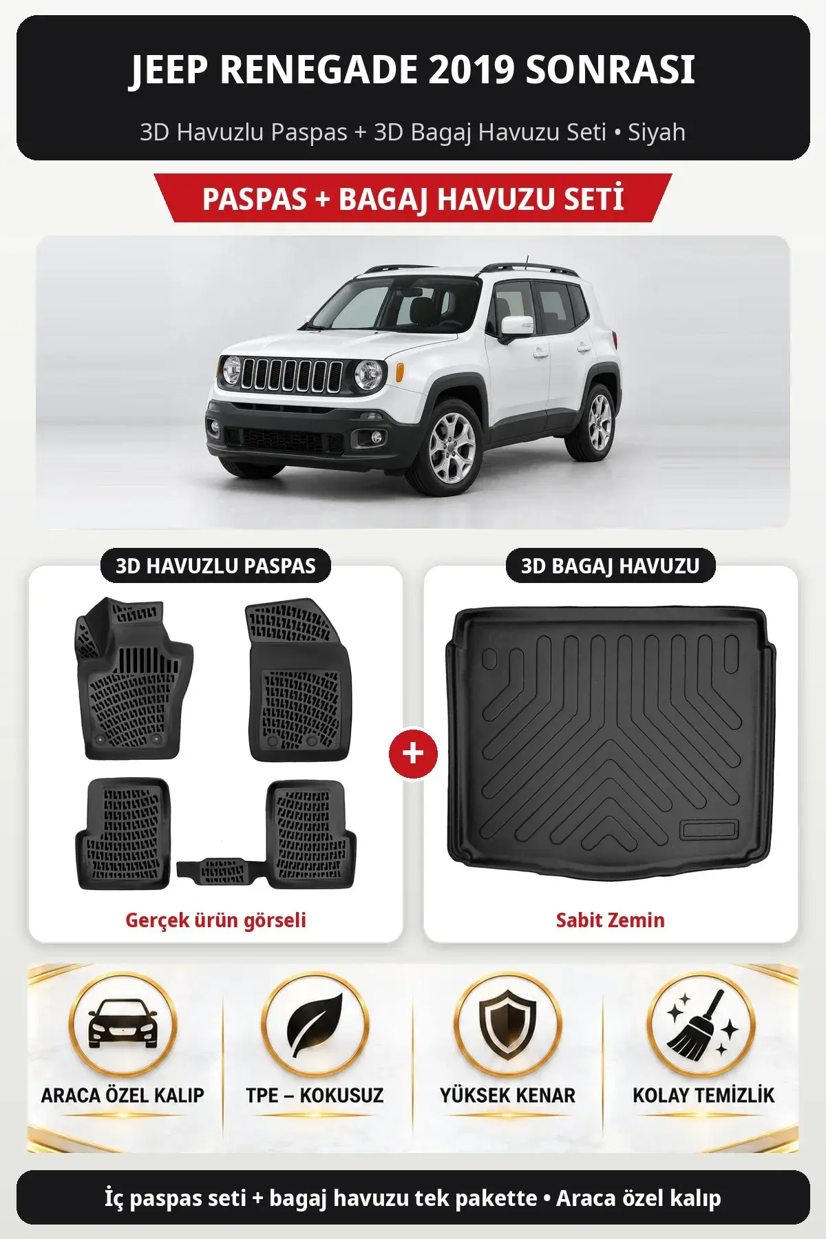 Jeep Renegade 2019 Sonrası 3D Havuzlu Paspas + 3D Bagaj Havuzu Seti (Sabit Zemin) Siyah (1)