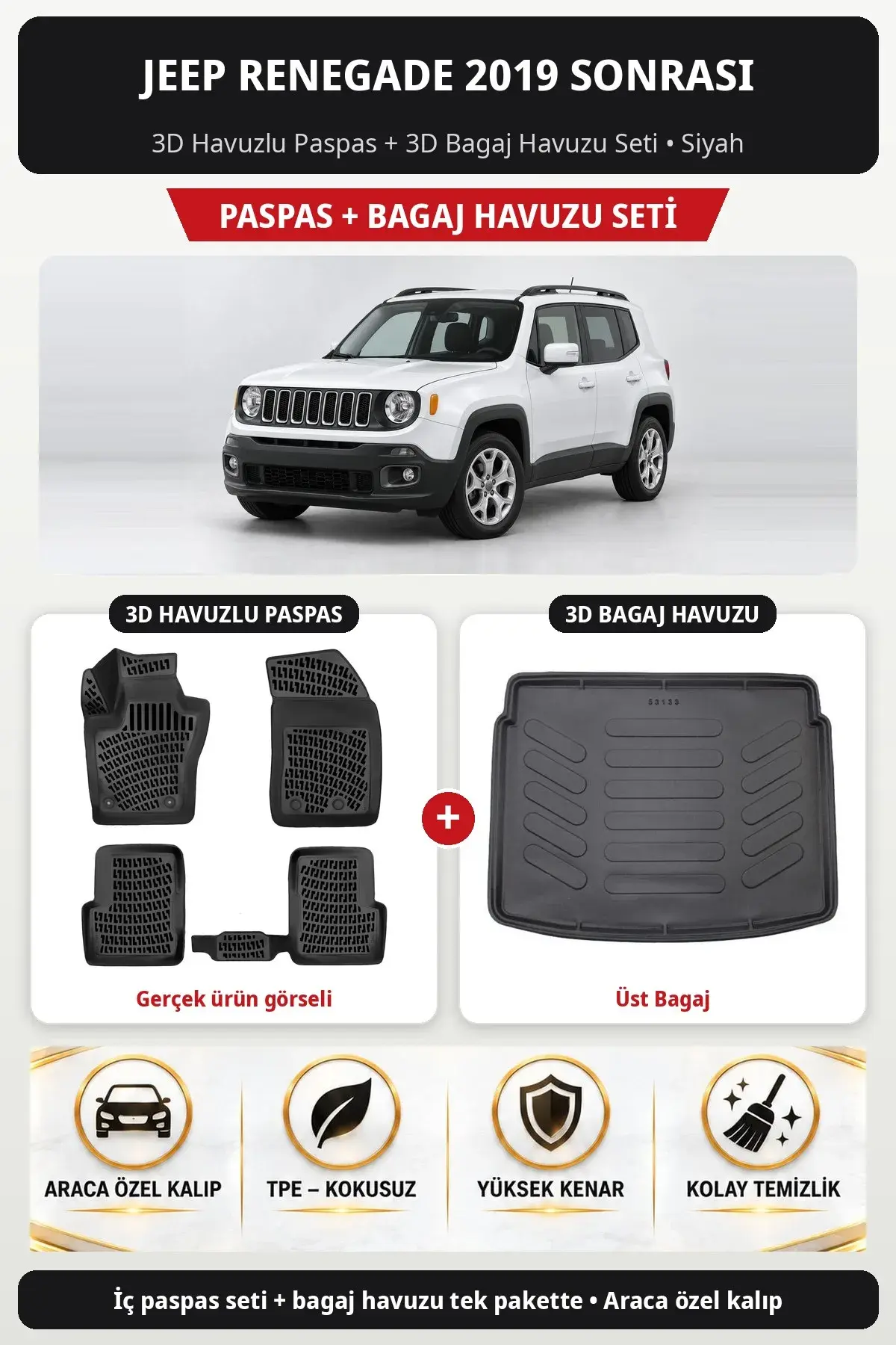 Jeep Renegade 2019 Sonrası 3D Havuzlu Paspas + 3D Bagaj Havuzu Seti (Üst Bagaj) Siyah (1)