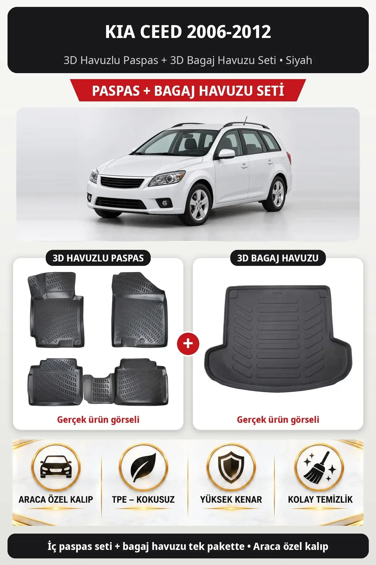 Kia Ceed 2006-2012 3D Havuzlu Paspas + 3D Bagaj Havuzu Seti Siyah (1)