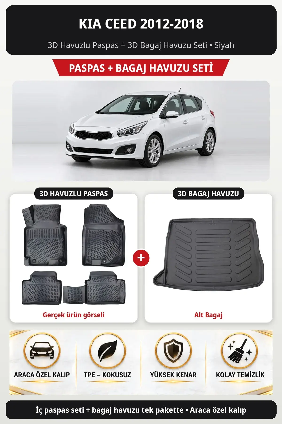 Kia Ceed 2012-2018 3D Havuzlu Paspas + 3D Bagaj Havuzu Seti (Alt Bagaj) Siyah (1)