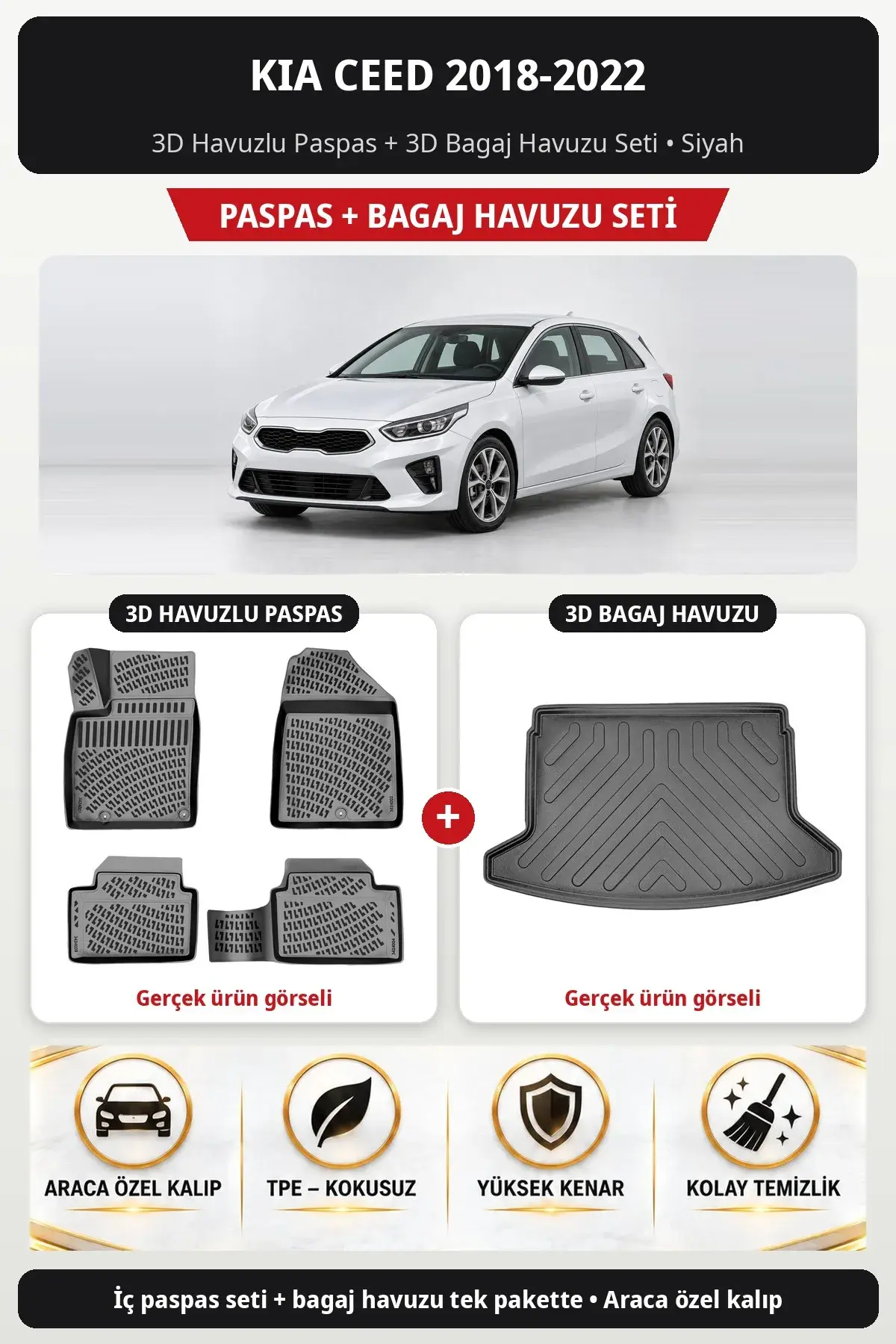 Kia Ceed 2018-2022 3D Havuzlu Paspas + 3D Bagaj Havuzu Seti Siyah (1)