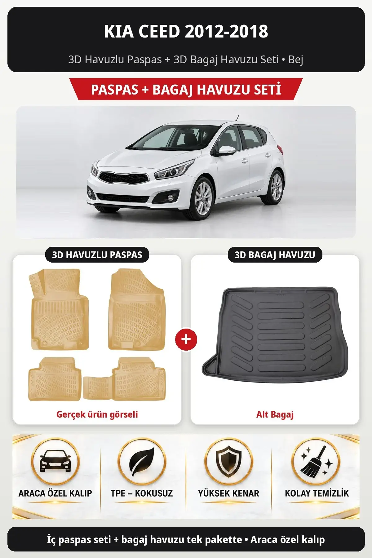 Kia Ceed 2012-2018 3D Havuzlu Paspas + 3D Bagaj Havuzu Seti (Alt Bagaj) Bej (1)