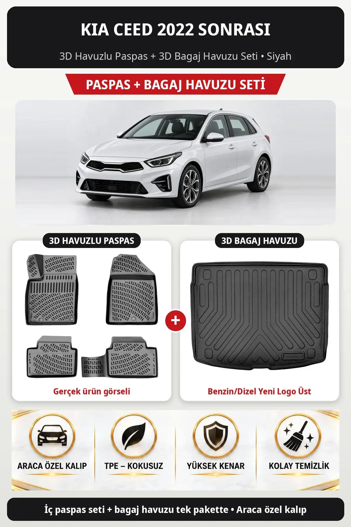 Kia Ceed 2022 Sonrası 3D Havuzlu Paspas + 3D Bagaj Havuzu Seti (Benzin/Dizel Yeni Logo Üst) Siyah (1)