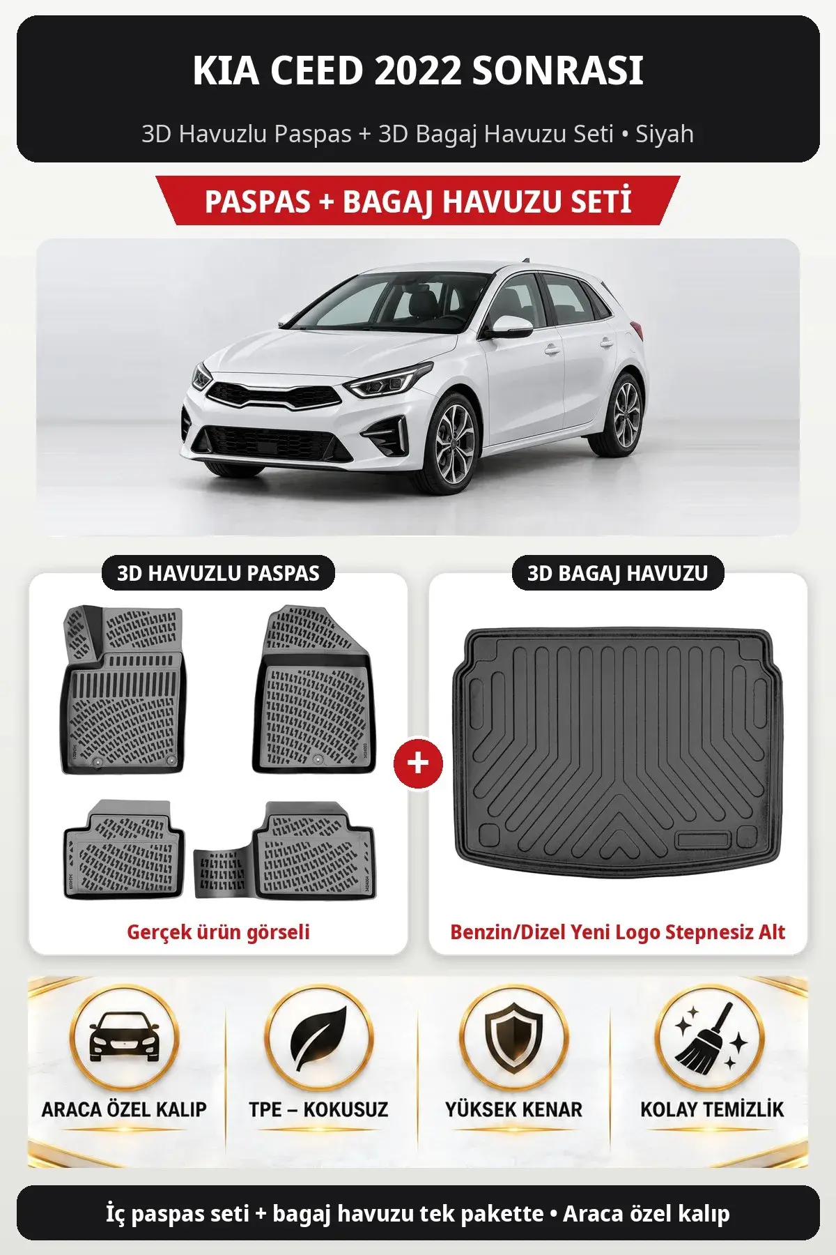 Kia Ceed 2022 Sonrası 3D Paspas + Bagaj Havuzu Seti (Benzin/Dizel Yeni Logo Stepnesiz Alt) Siyah (1)