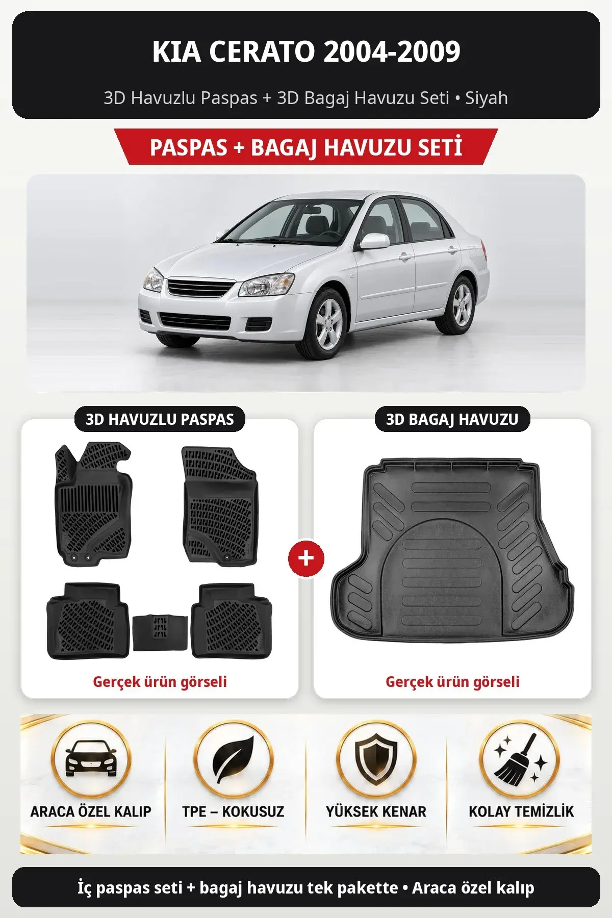 Kia Cerato 2004-2009 3D Havuzlu Paspas + 3D Bagaj Havuzu Seti Siyah (1)