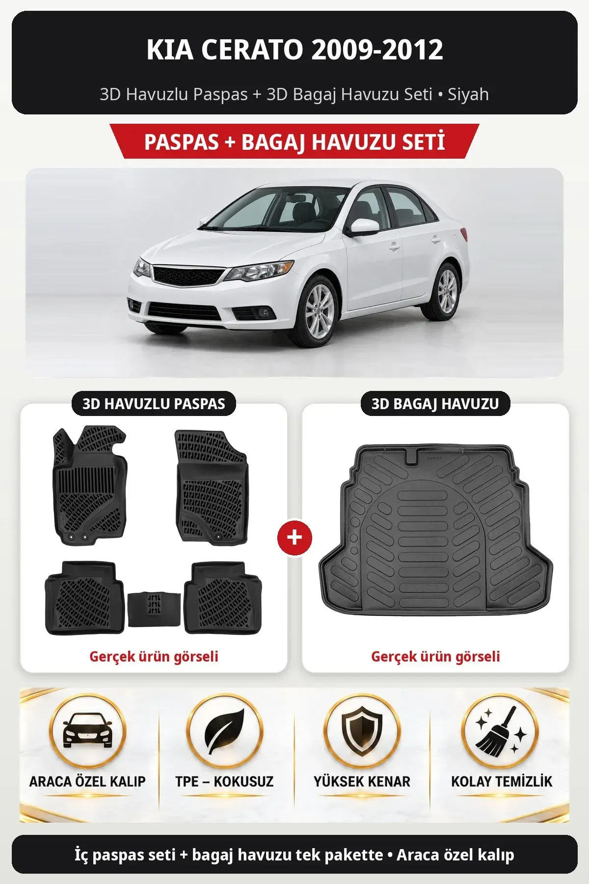 Kia Cerato 2009-2012 3D Havuzlu Paspas + 3D Bagaj Havuzu Seti Siyah (1)