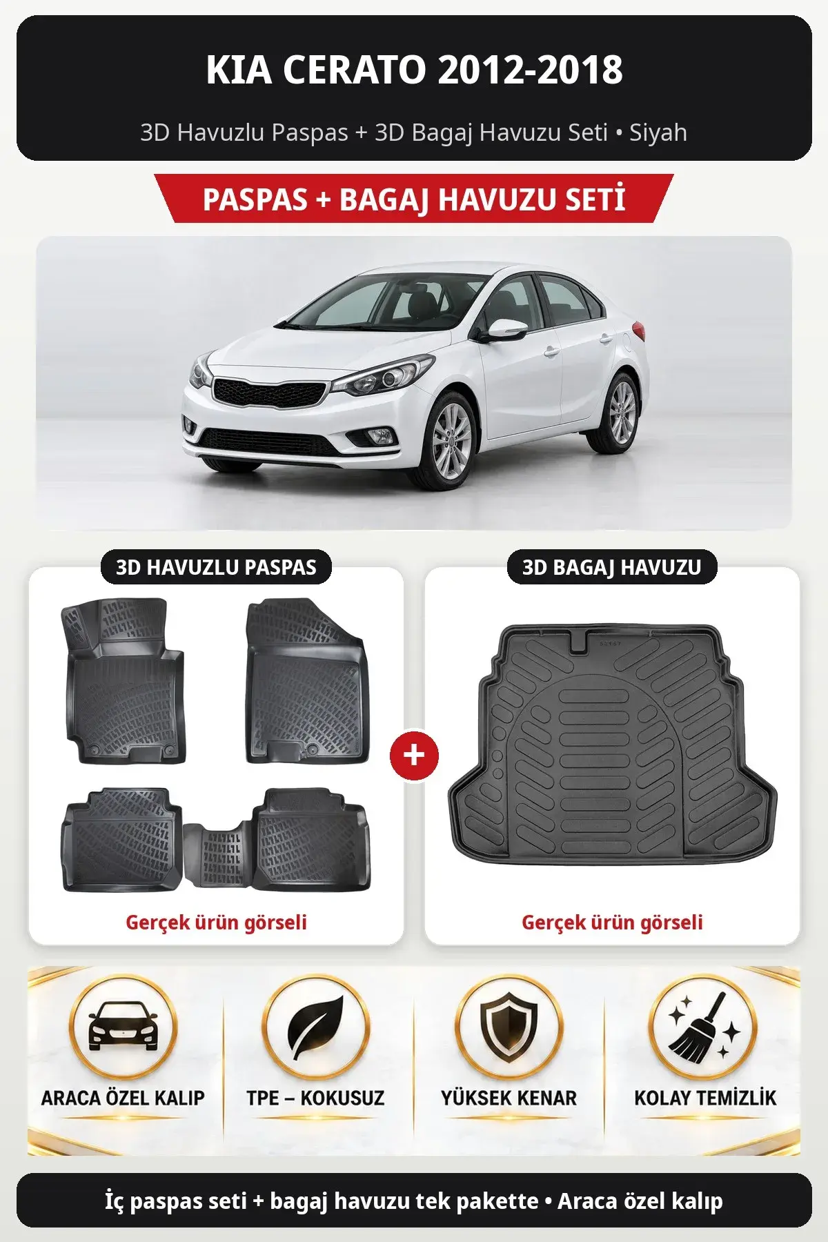 Kia Cerato 2012-2018 3D Havuzlu Paspas + 3D Bagaj Havuzu Seti Siyah (1)