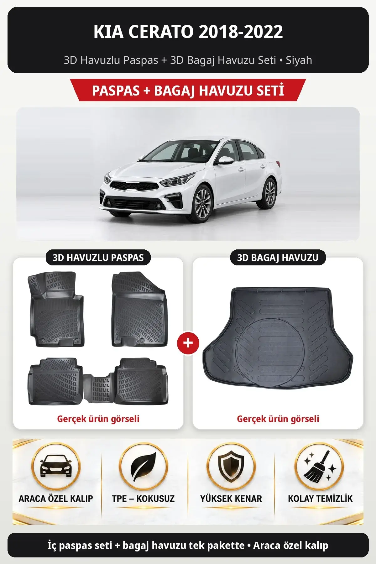 Kia Cerato 2018-2022 3D Havuzlu Paspas + 3D Bagaj Havuzu Seti Siyah (1)