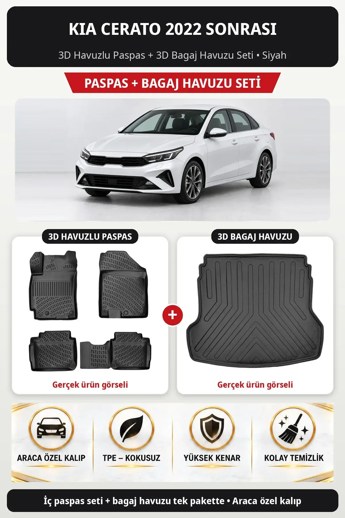 Kia Cerato 2022 Sonrası 3D Havuzlu Paspas + 3D Bagaj Havuzu Seti Siyah (1)