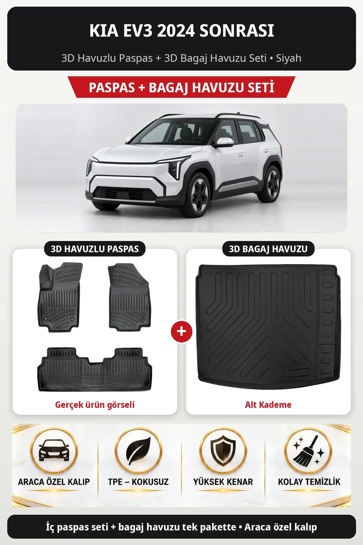 Kia EV3 2024 Sonrası 3D Havuzlu Paspas + 3D Bagaj Havuzu Seti (Alt Kademe) Siyah (1)