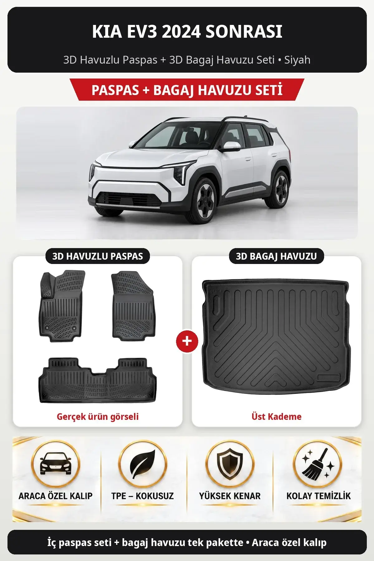 Kia EV3 2024 Sonrası 3D Havuzlu Paspas + 3D Bagaj Havuzu Seti (Üst Kademe) Siyah (1)
