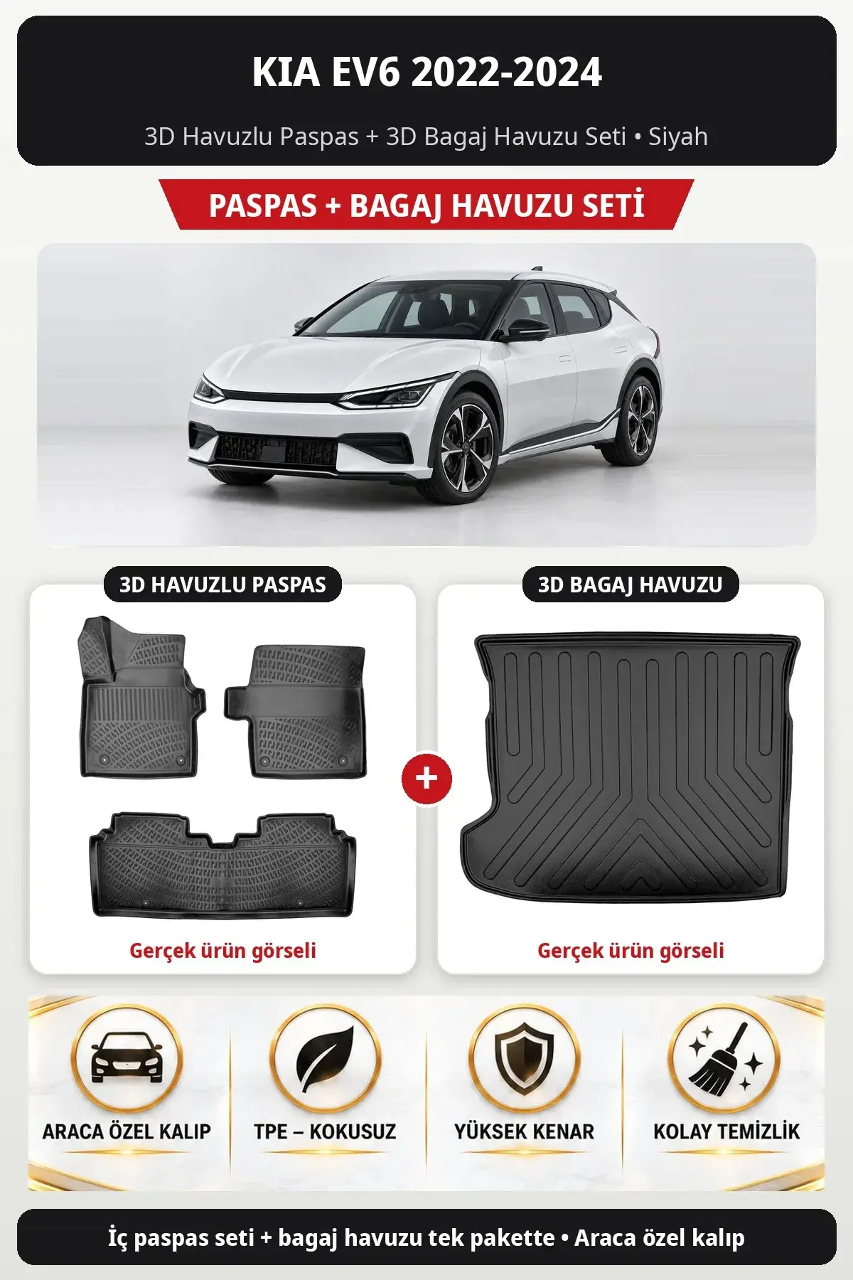 Kia EV6 2022-2024 3D Havuzlu Paspas + 3D Bagaj Havuzu Seti Siyah (1)