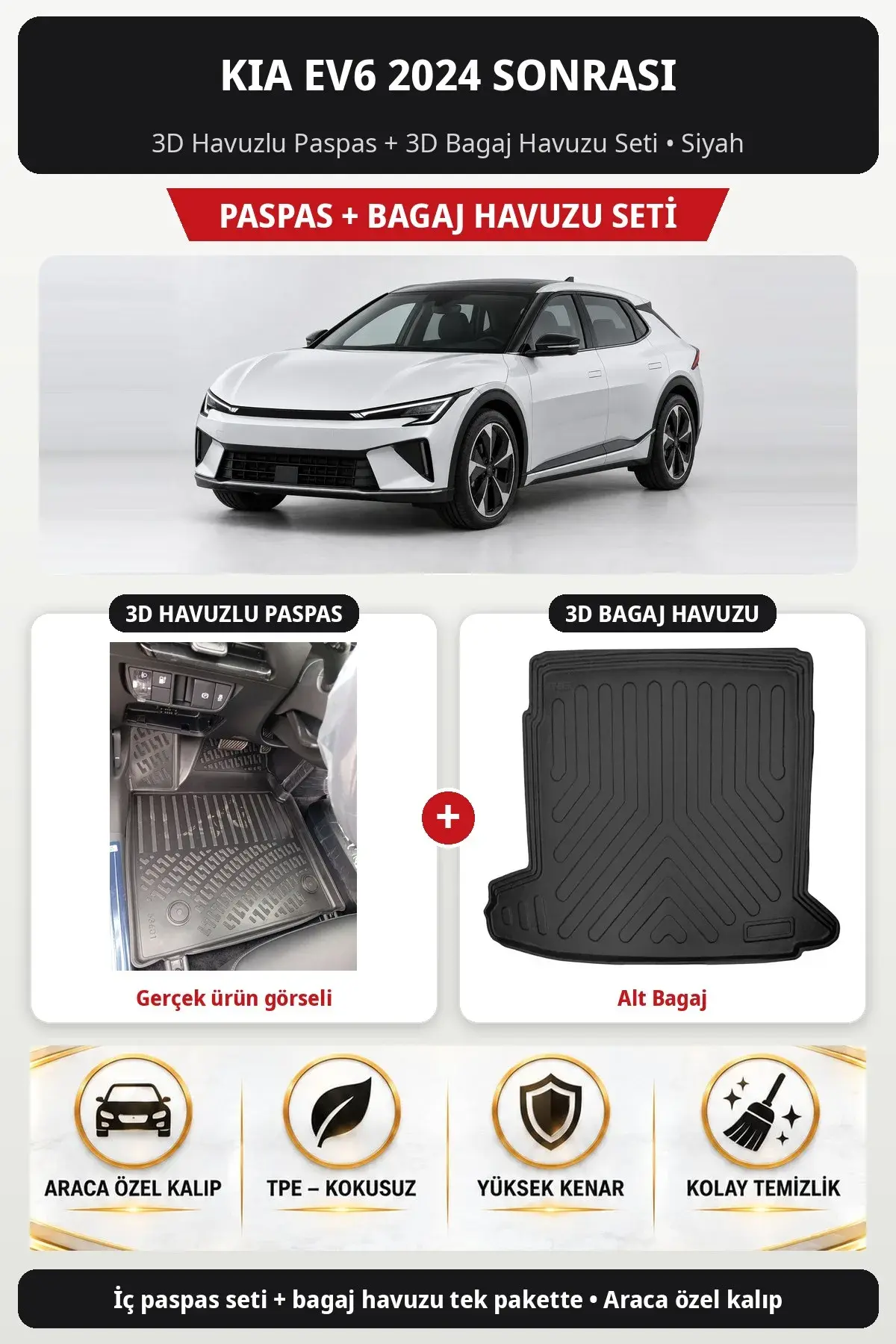 Kia EV6 2024 Sonrası 3D Havuzlu Paspas + 3D Bagaj Havuzu Seti (Alt Bagaj) Siyah (1)