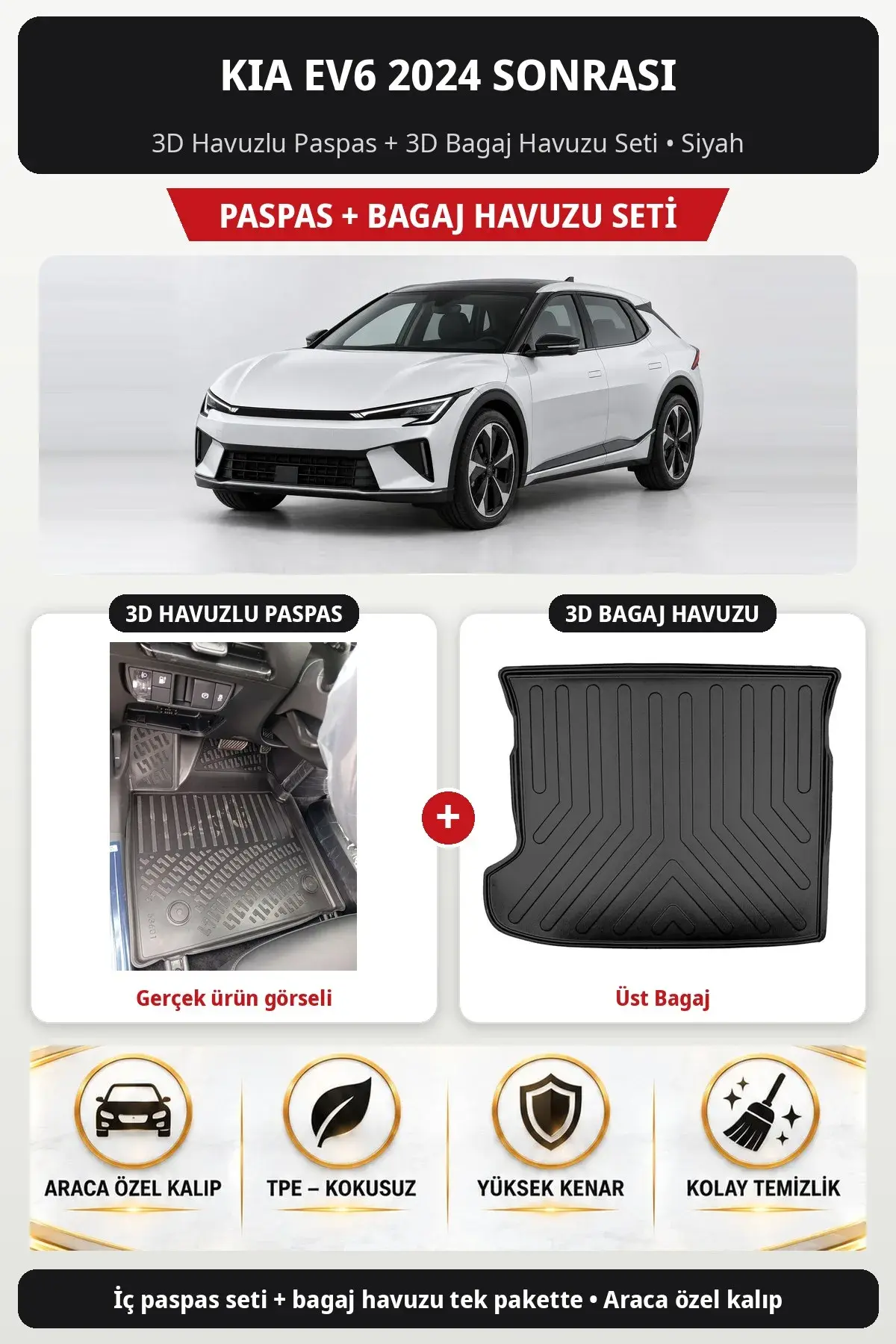 Kia EV6 2024 Sonrası 3D Havuzlu Paspas + 3D Bagaj Havuzu Seti (Üst Bagaj) Siyah (1)