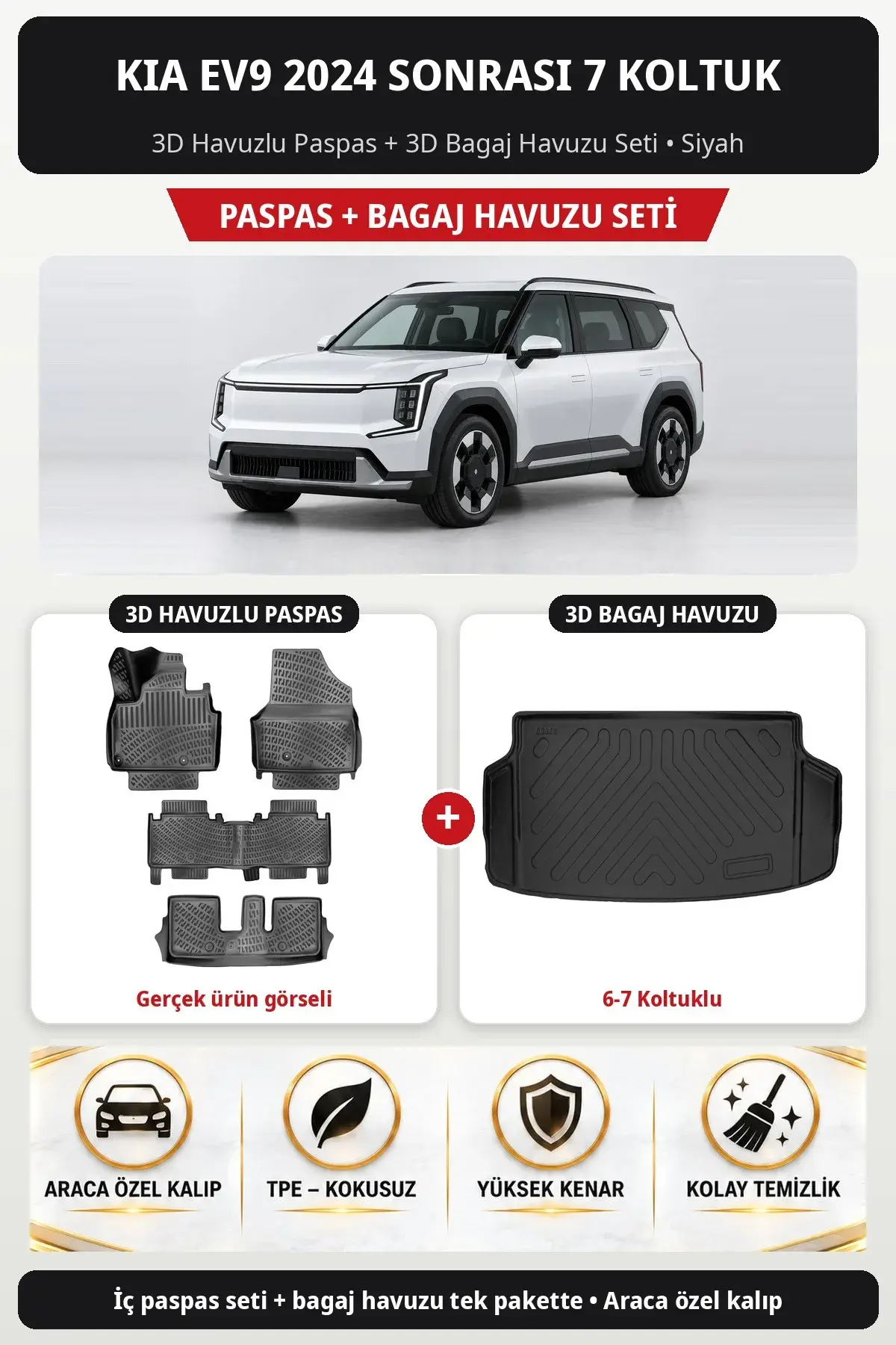 Kia EV9 2024 Sonrası 7 Koltuk 3D Havuzlu Paspas + 3D Bagaj Havuzu Seti (6-7 Koltuklu) Siyah (1)