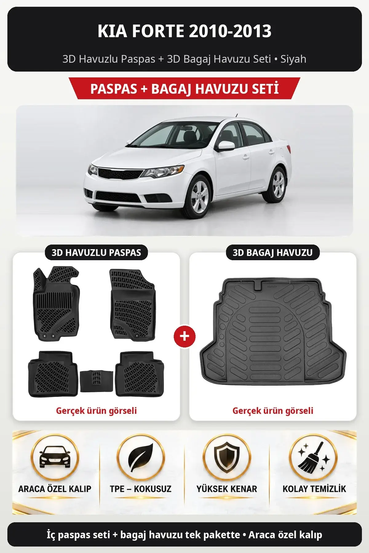 Kia Forte 2010-2013 3D Havuzlu Paspas + 3D Bagaj Havuzu Seti Siyah (1)