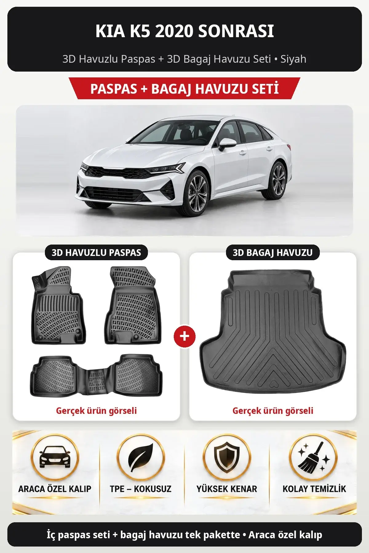 Kia K5 2020 Sonrası 3D Havuzlu Paspas + 3D Bagaj Havuzu Seti Siyah (1)