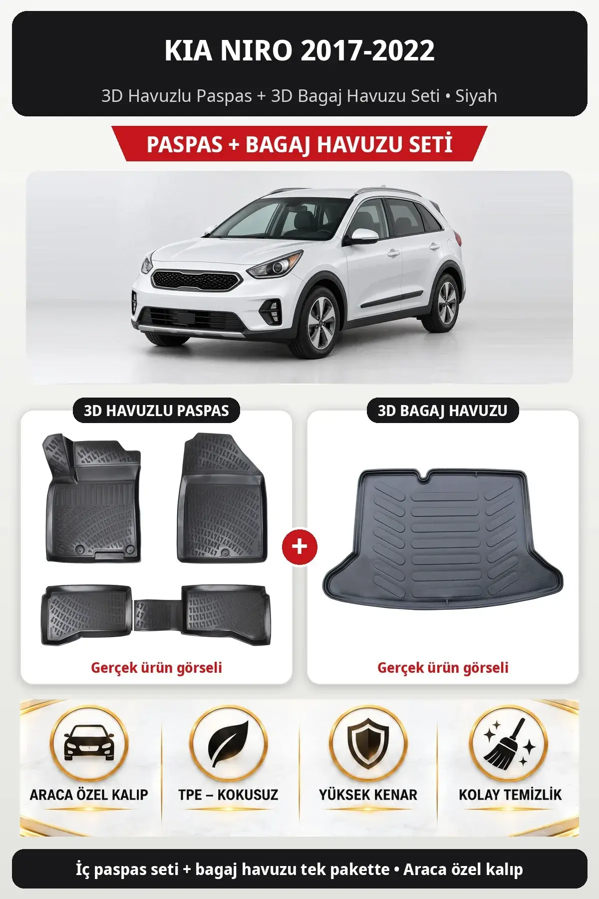 Kia Niro 2017-2022 3D Havuzlu Paspas + 3D Bagaj Havuzu Seti Siyah (1)
