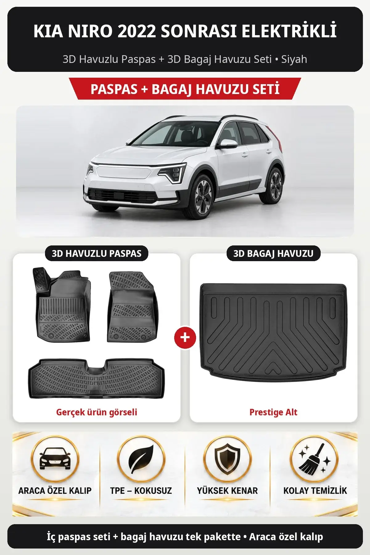 Kia Niro 2022 Sonrası Elektrikli 3D Havuzlu Paspas + 3D Bagaj Havuzu Seti (Prestige Üst) Siyah (1)
