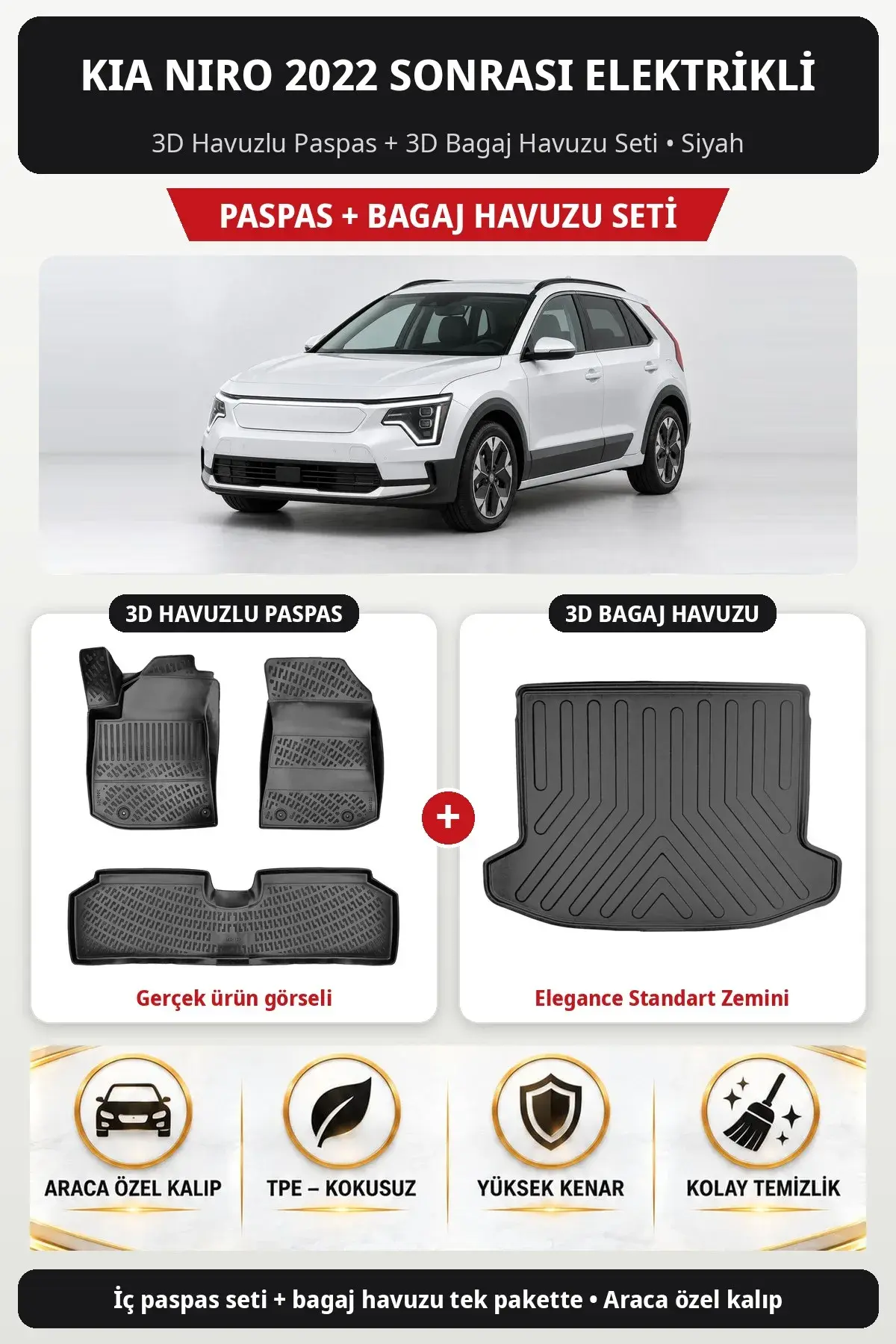 Kia Niro 2022 Sonrası Elektrikli 3D Paspas + Bagaj Havuzu Seti (Elegance Standart Zemini) Siyah (1)