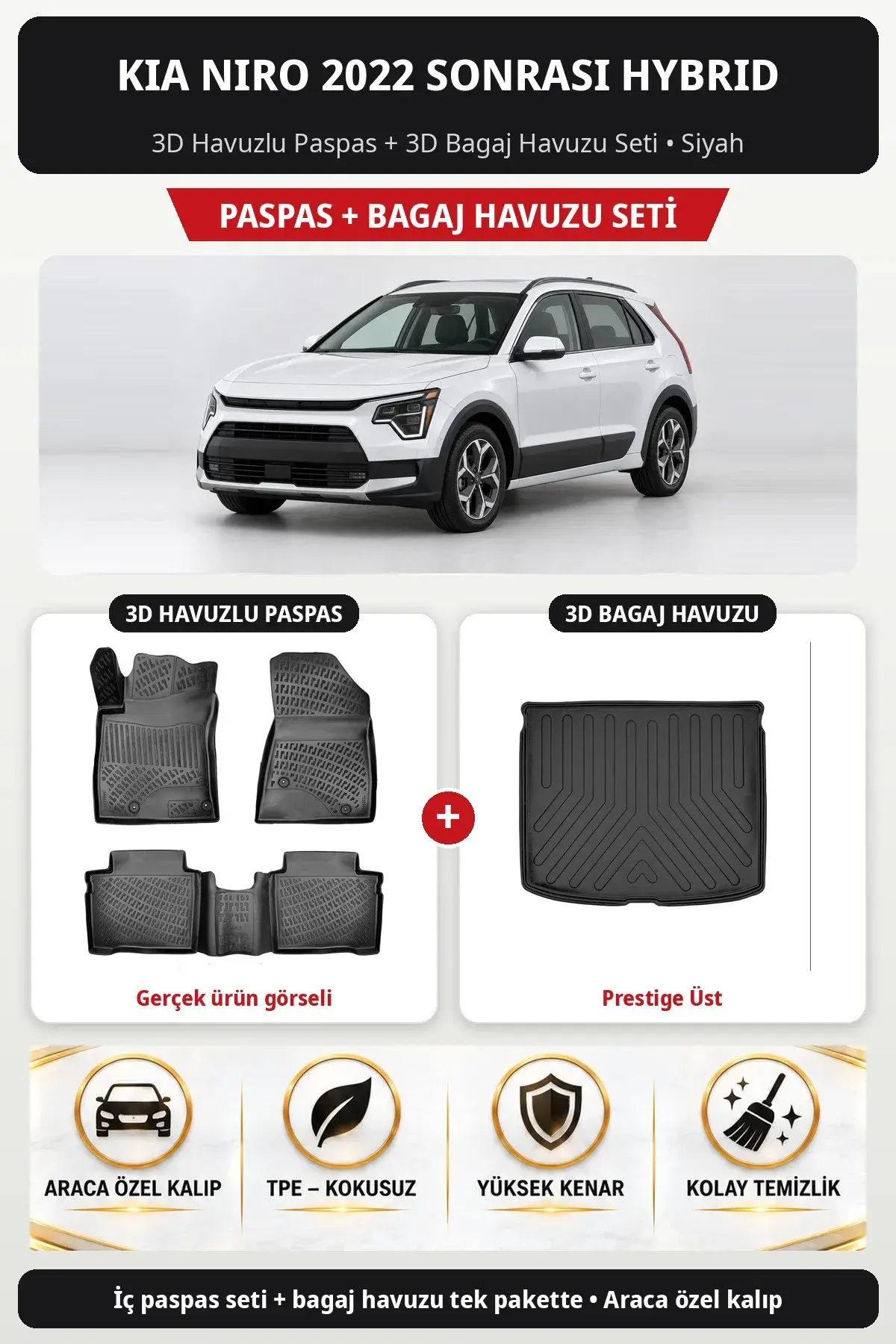 Kia Niro 2022 Sonrası Hybrid 3D Havuzlu Paspas + 3D Bagaj Havuzu Seti (Prestige Üst) Siyah (1)
