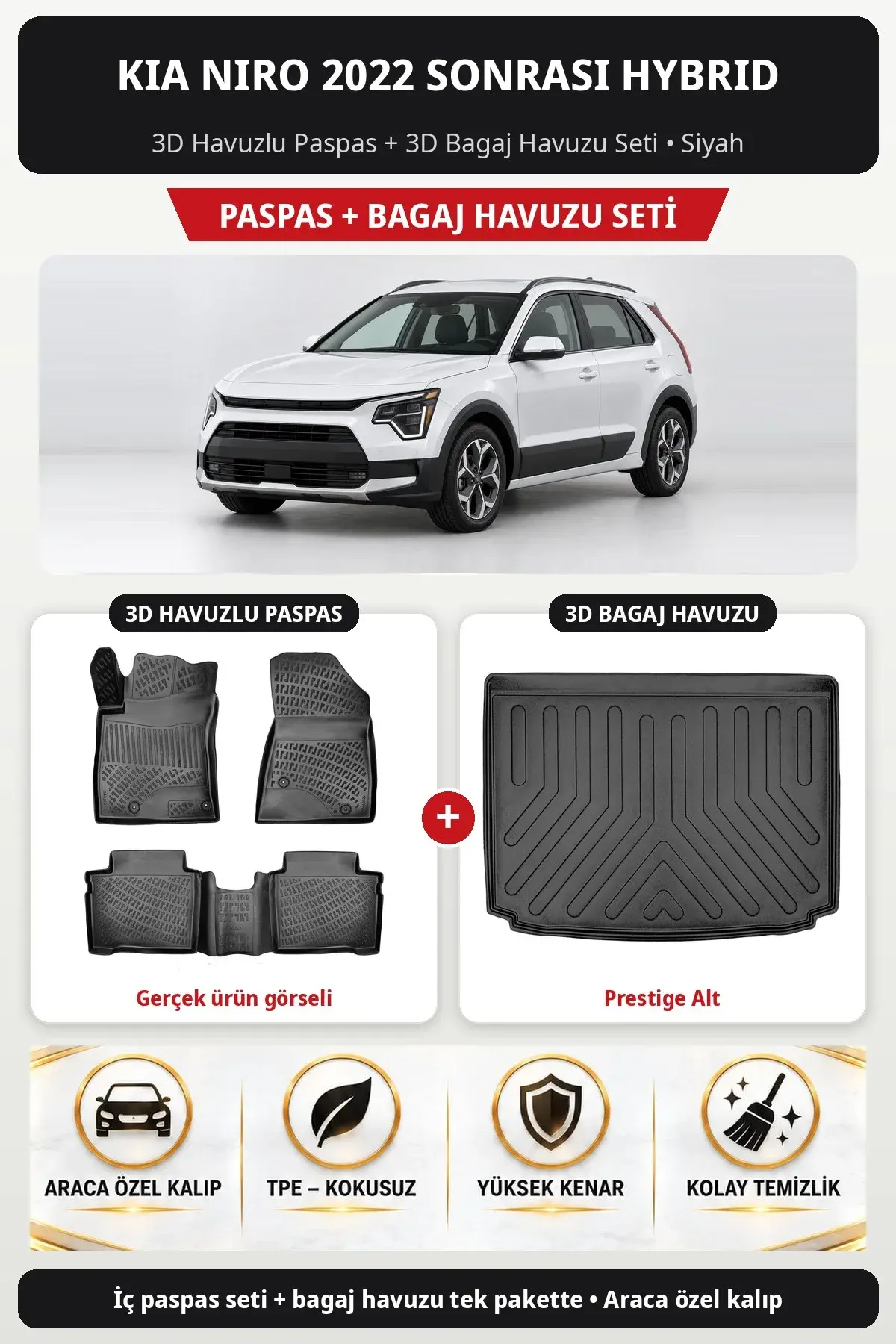 Kia Niro 2022 Sonrası Hybrid 3D Havuzlu Paspas + 3D Bagaj Havuzu Seti (Prestige Alt) Siyah (1)