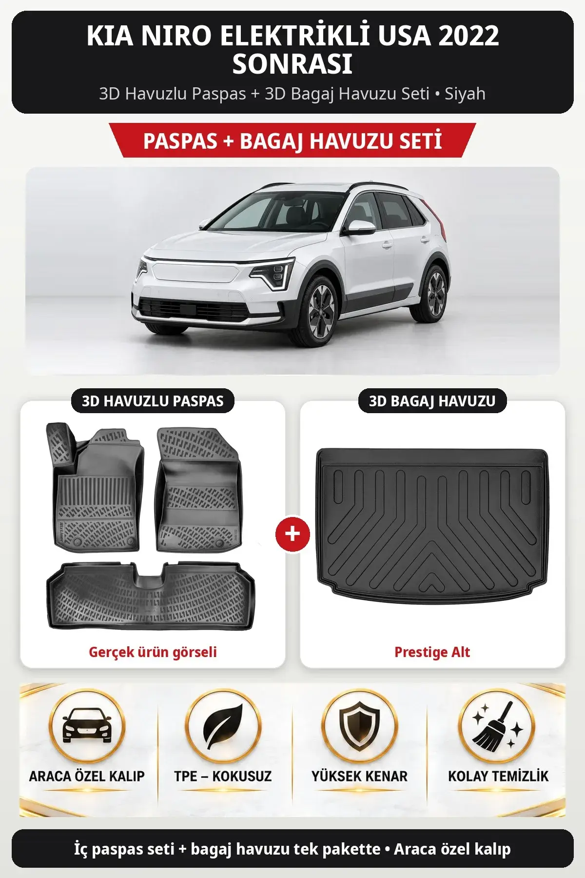 Kia Niro Elektrikli USA 2022 Sonrası 3D Havuzlu Paspas + 3D Bagaj Havuzu Seti (Prestige Alt) Siyah (1)