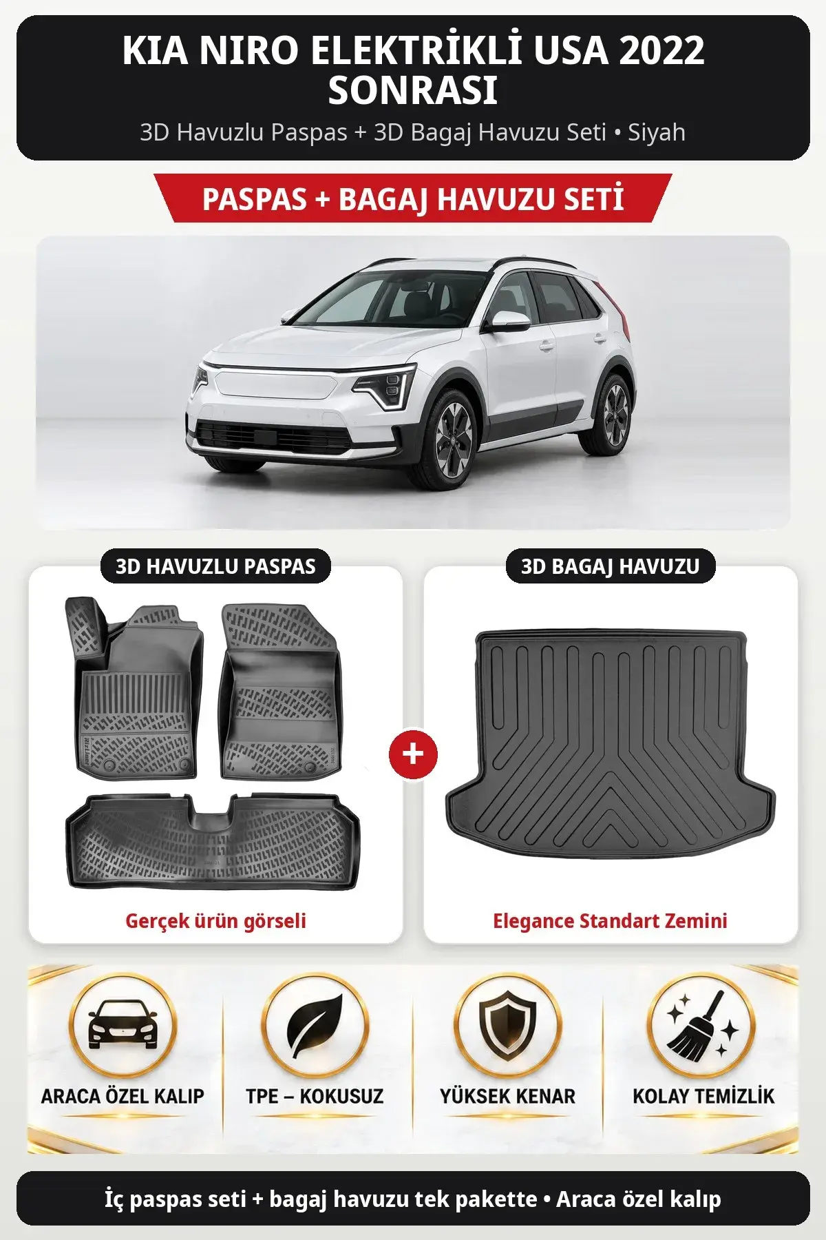 Kia Niro Elektrikli USA 2022 Sonrası 3D Paspas + Bagaj Havuzu Seti (Elegance Standart Zemini) Siyah (1)