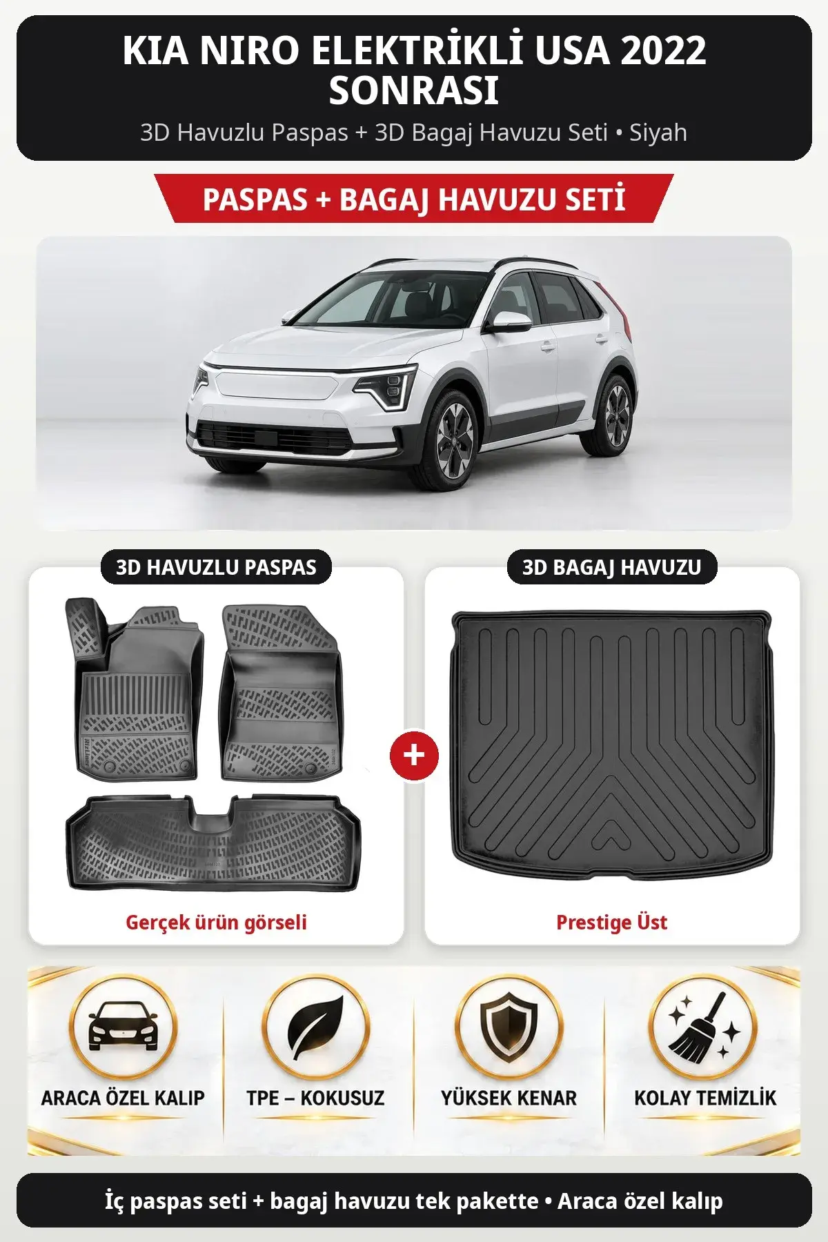 Kia Niro Elektrikli USA 2022 Sonrası 3D Havuzlu Paspas + 3D Bagaj Havuzu Seti (Prestige Üst) Siyah (1)