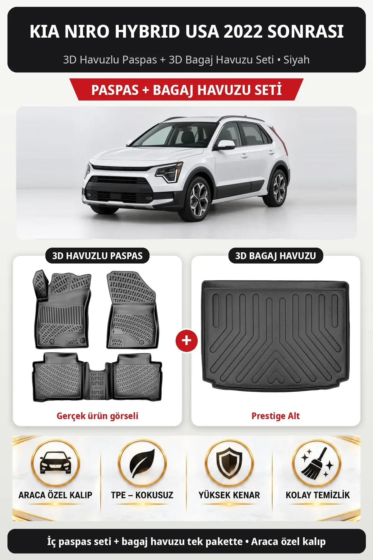 Kia Niro Hybrid USA 2022 Sonrası 3D Havuzlu Paspas + 3D Bagaj Havuzu Seti (Prestige Alt) Siyah (1)