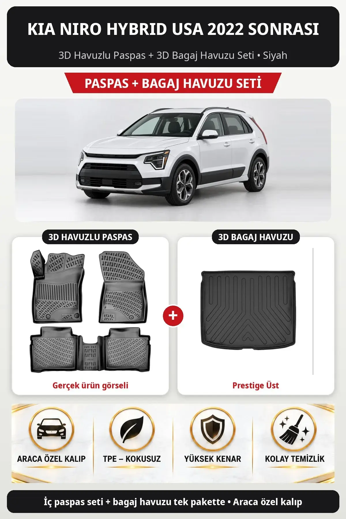 Kia Niro Hybrid USA 2022 Sonrası 3D Havuzlu Paspas + 3D Bagaj Havuzu Seti (Prestige Üst) Siyah (1)