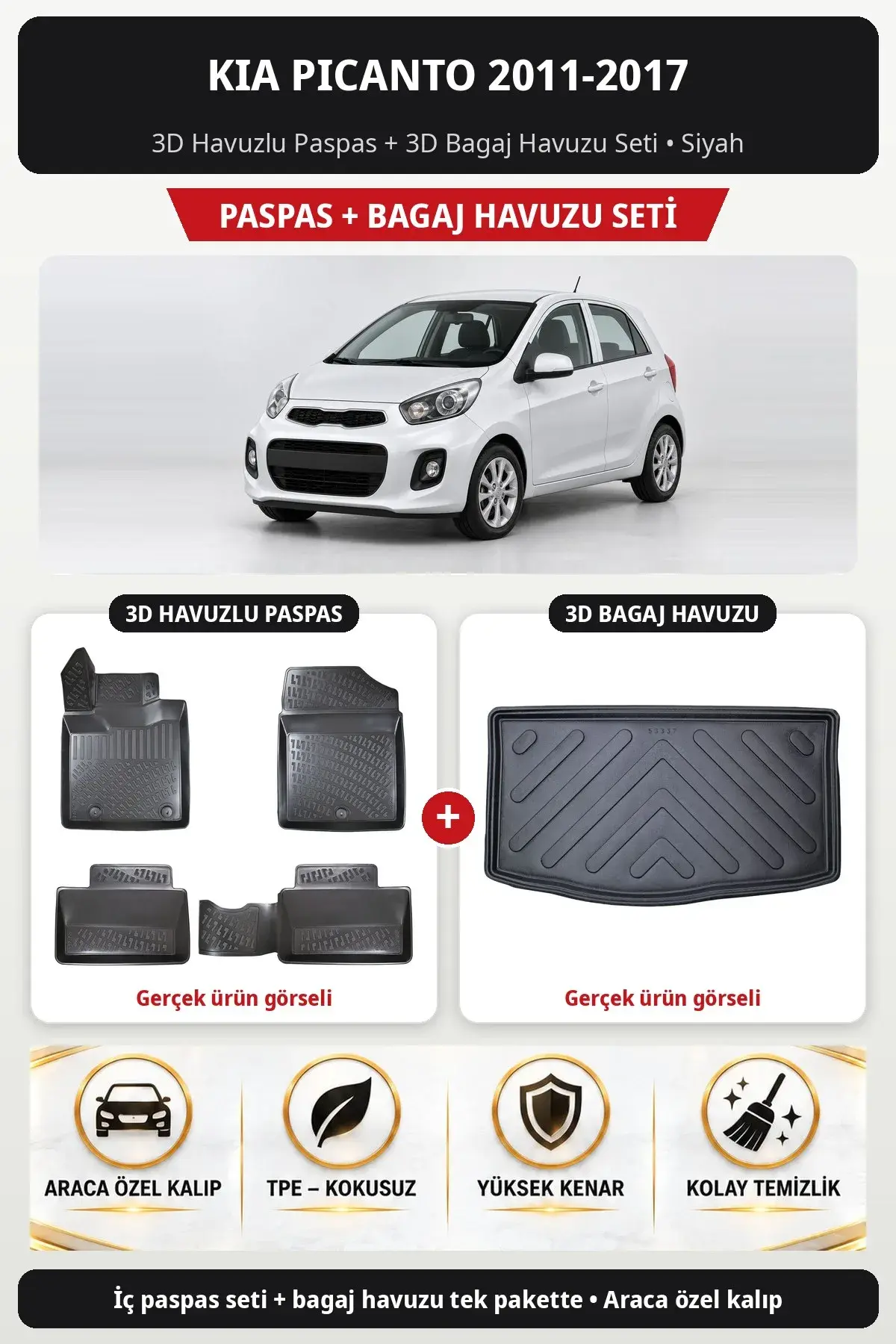 Kia Picanto 2011-2017 3D Havuzlu Paspas + 3D Bagaj Havuzu Seti Siyah (1)