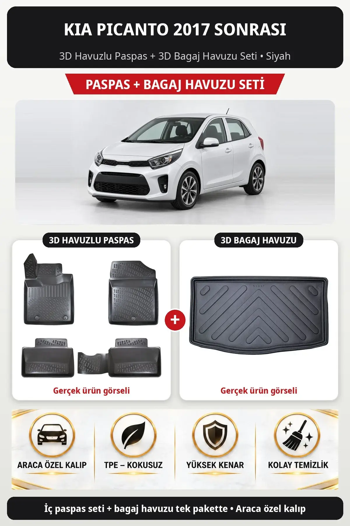 Kia Picanto 2017 Sonrası 3D Havuzlu Paspas + 3D Bagaj Havuzu Seti Siyah (1)