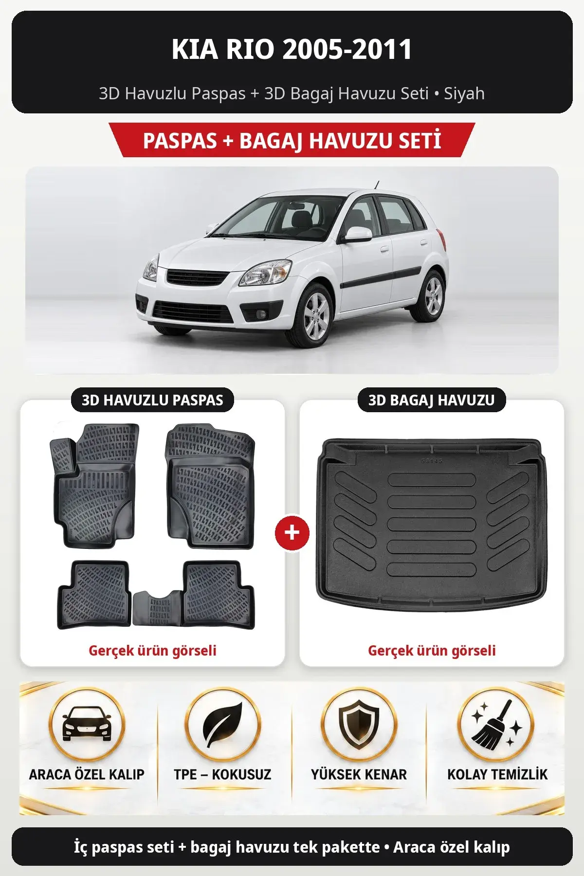 Kia Rio 2005-2011 3D Havuzlu Paspas + 3D Bagaj Havuzu Seti Siyah (1)
